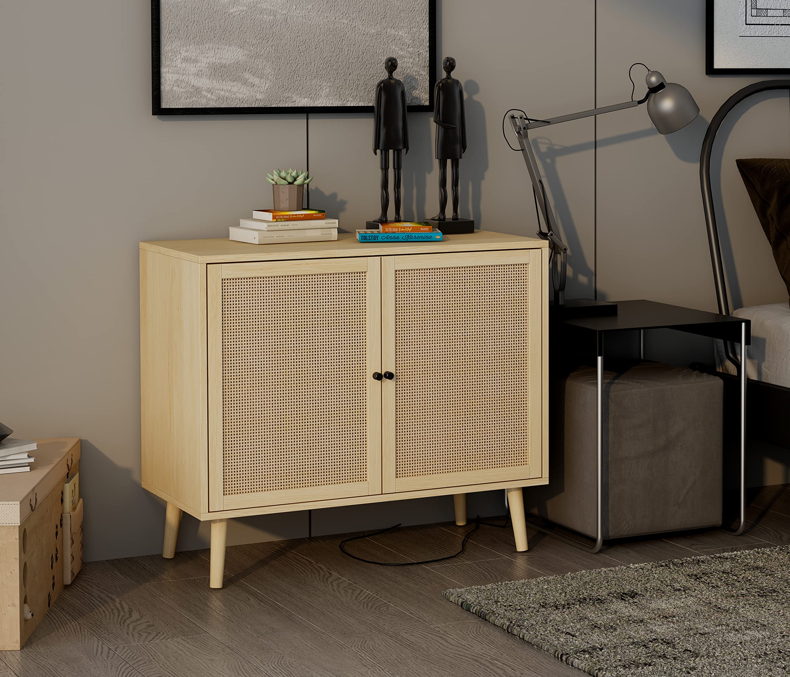 QHITTY Natural Rattan Sideboard Buffet Cabinet with Adjustable Shelves, Stylish Kitchen Storage & Accent Console Table for Living Room, Dining Room, Bedroom, and Entryway