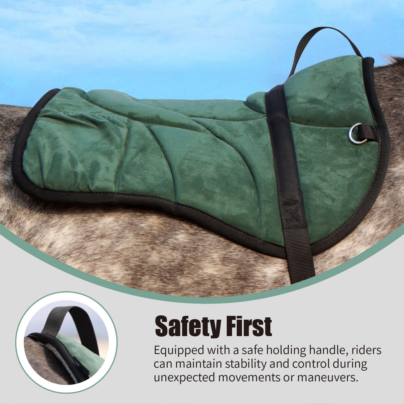 Harrison Howard Anti-Slip Bareback Pad - Extra Thick Center for Maximum Support, Ergonomic Design with Side Pockets & Matching Girth - Perfect for Trail Riding, Horse Training, and Comfortable Bareback Riding