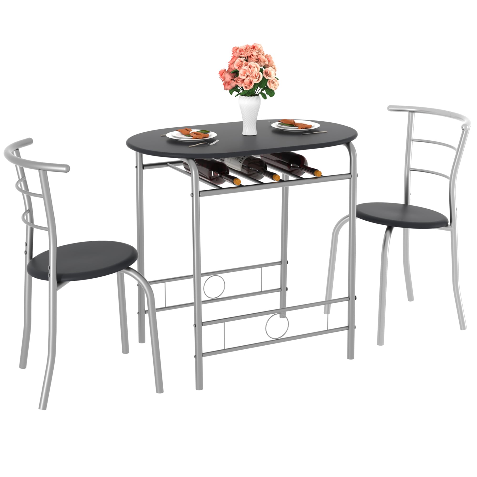 VECELO 3-Piece Round Kitchen Dining Table Set with Wood Grain Tabletop & Wine Rack - Space Saving 31.5