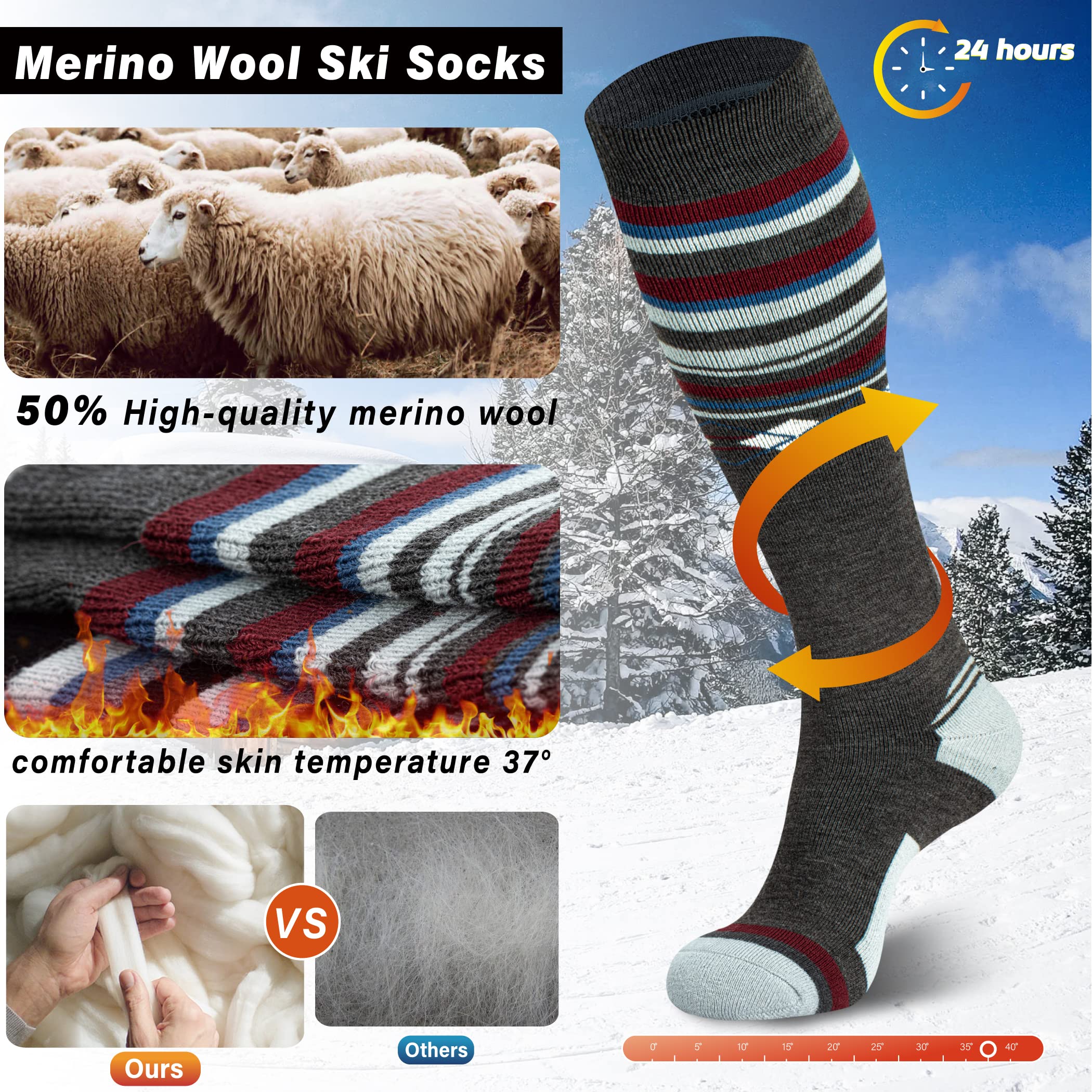 50% Merino Wool Thermal Ski Socks for Men & Women - Knee High Winter Snowboard Socks for Cold Weather - Perfect for Skiing, Snowboarding & Outdoor Winter Sports