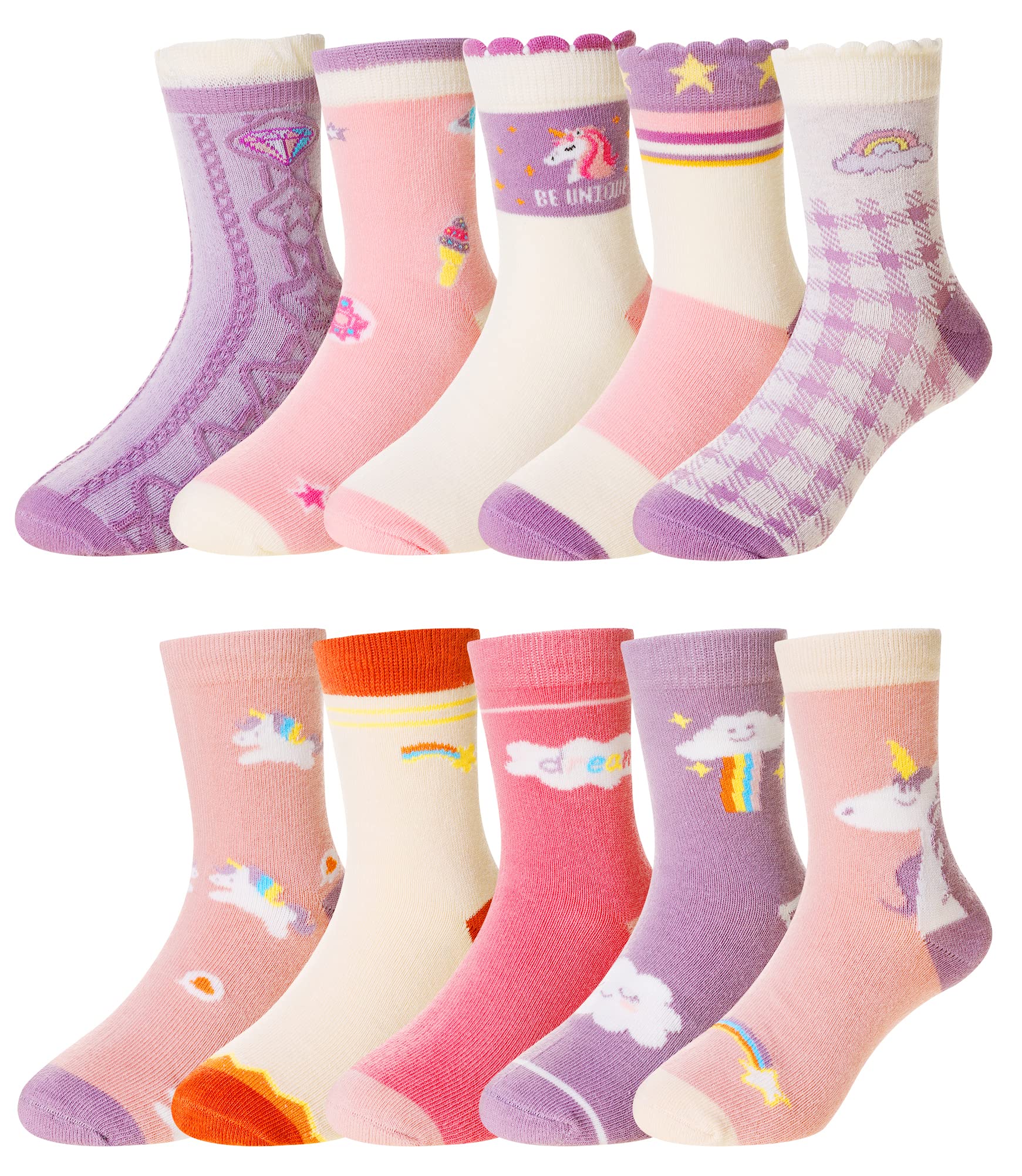 **Girls' Unicorn Crew Socks - 10 Pairs Soft Cotton Toddler Socks for Kids - Cute Novelty Fashion Socks for School, Play & Everyday Wear**