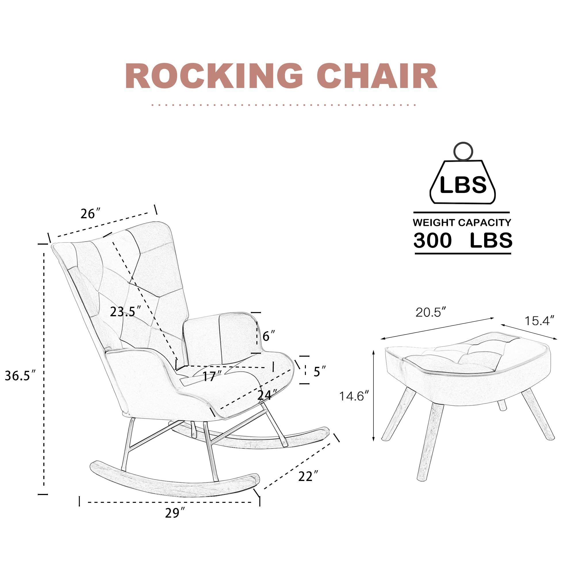 Patchwork Pink Upholstered Rocking Chair with Ottoman - High Backrest Glider Accent Chair for Nursery, Living Room & Bedroom - Comfy Small Side Armchair for Relaxing, Nursing & Reading