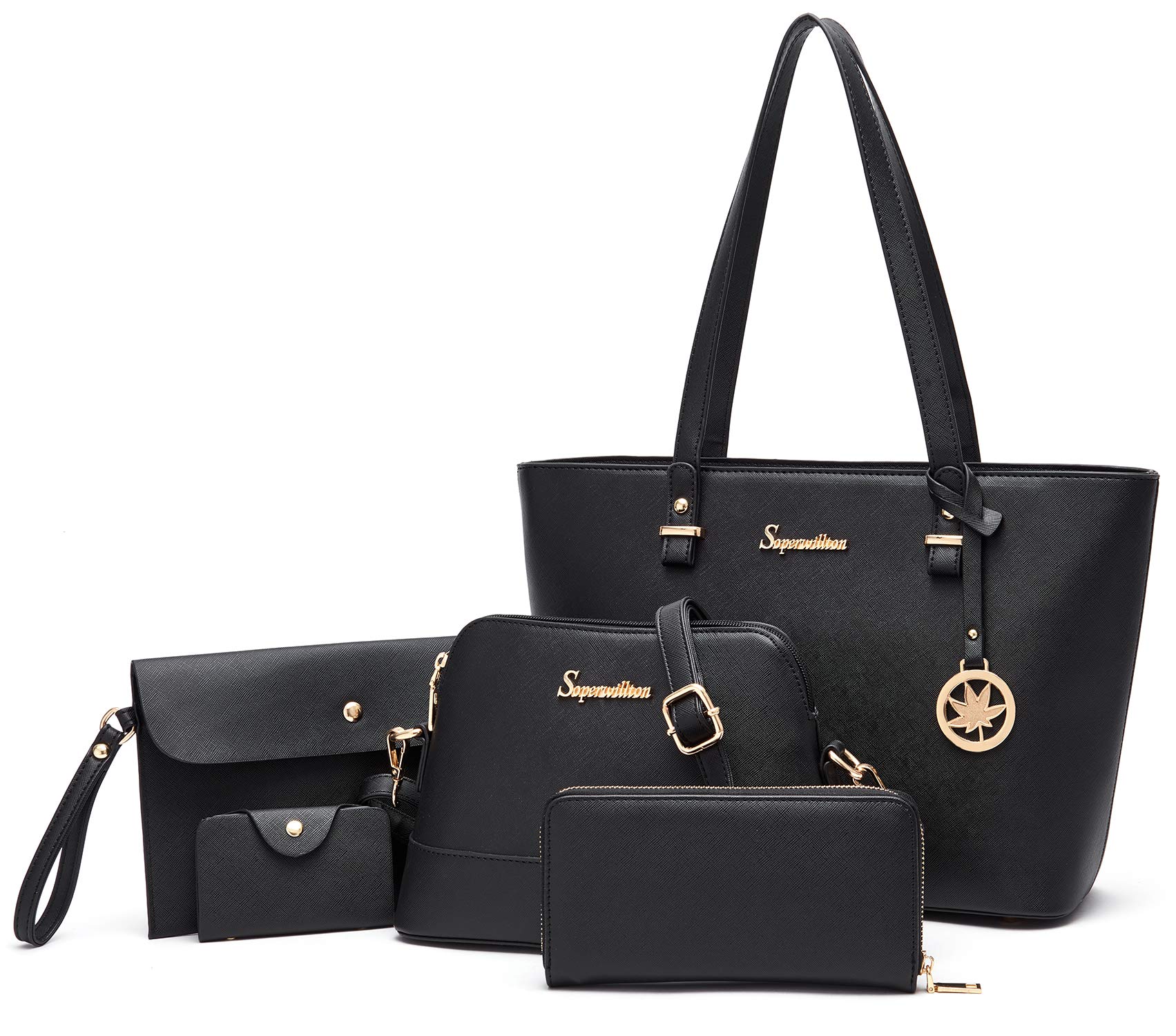 Soperwillton Women's 5-Piece Handbag Set - Tote, Shoulder Bag, Satchel, Wallet & Top Handle Purse for Work, Travel & Everyday Use