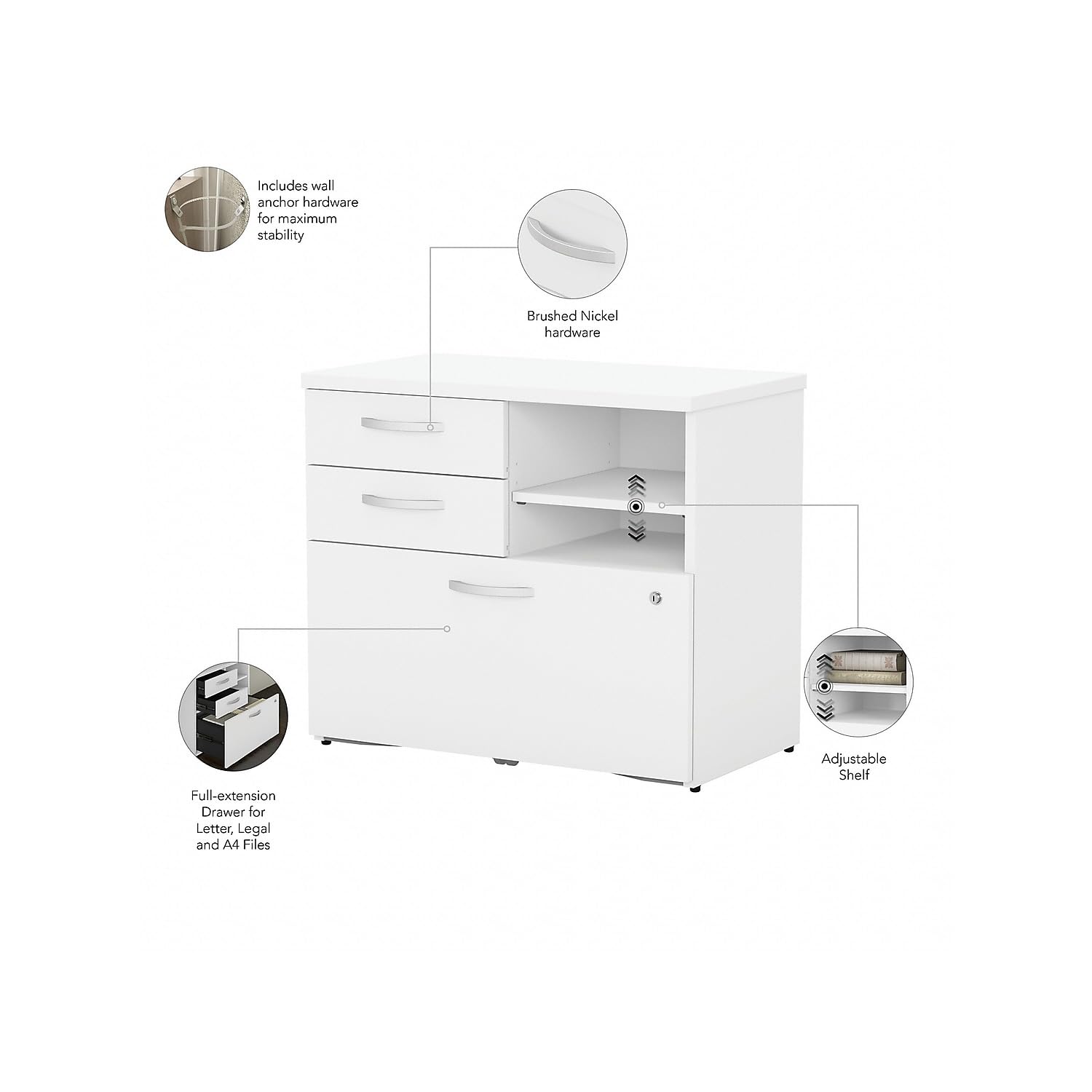 White Office Storage Cabinet with Drawers & Shelves - Bush Business Furniture Studio C for Home & Professional Workspace Organization | Perfect for Files, Supplies & Workspace Clutter Control