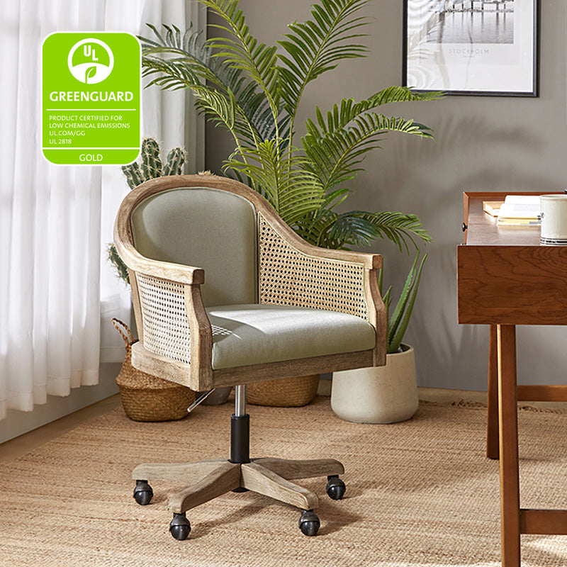 Audrey Task Accent Chair with Rattan Arms - Modern Home Office Chair for Small Spaces, Comfortable Writing Desk Chair with Woven Rattan Backrest - Perfect for Study Rooms, Living Rooms & Cozy Corners