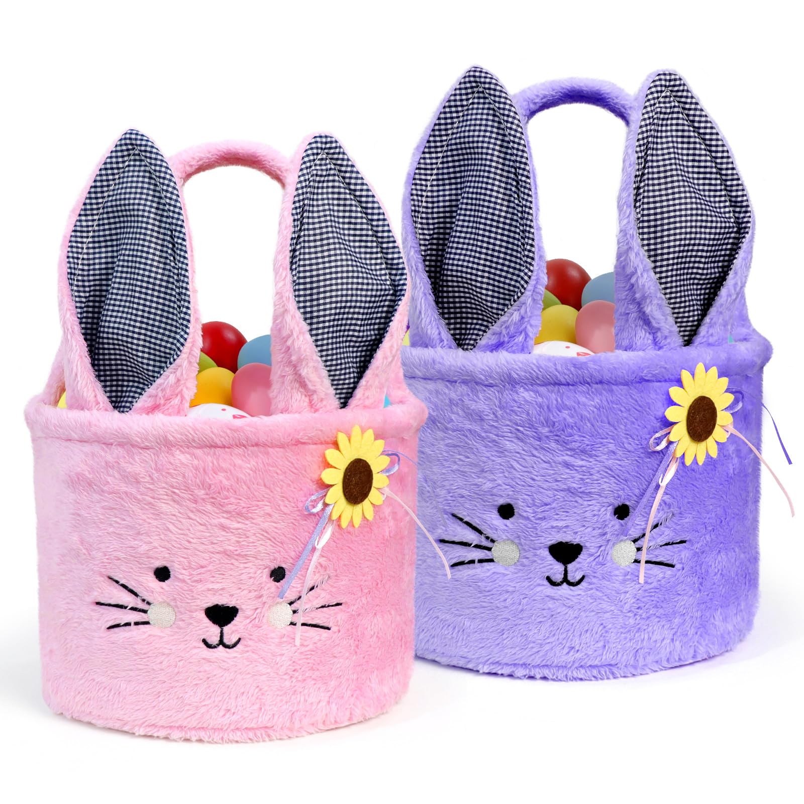 Faylapa 2Pcs Plush Easter Bunny Basket Bags with Plaid Long Ears - Personalized Easter Egg Basket for Candy, Party Decor & Gifts (Pink & Purple) - Perfect for Easter Celebrations, Egg Hunts & Spring Decorations