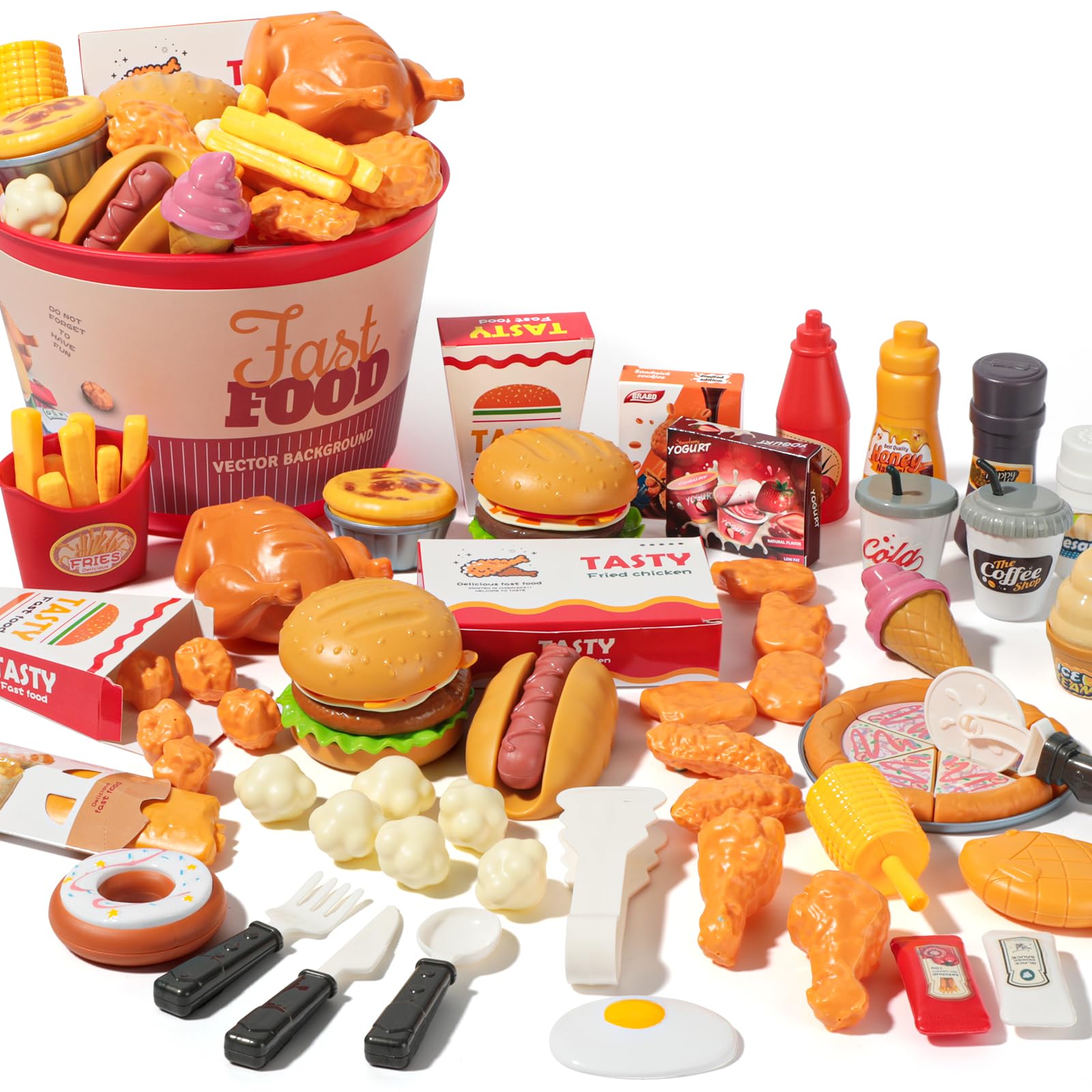 80 Pcs Pretend Play Food Toy Set for Kids Kitchen - Fast Food, Pizza, Burger, Ice Cream & Hot Dog - Educational Learning Toy for Boys & Girls Ages 3-5 - Includes Storage Bucket - Perfect for Birthday Gifts, Role Play & Early Childhood Development