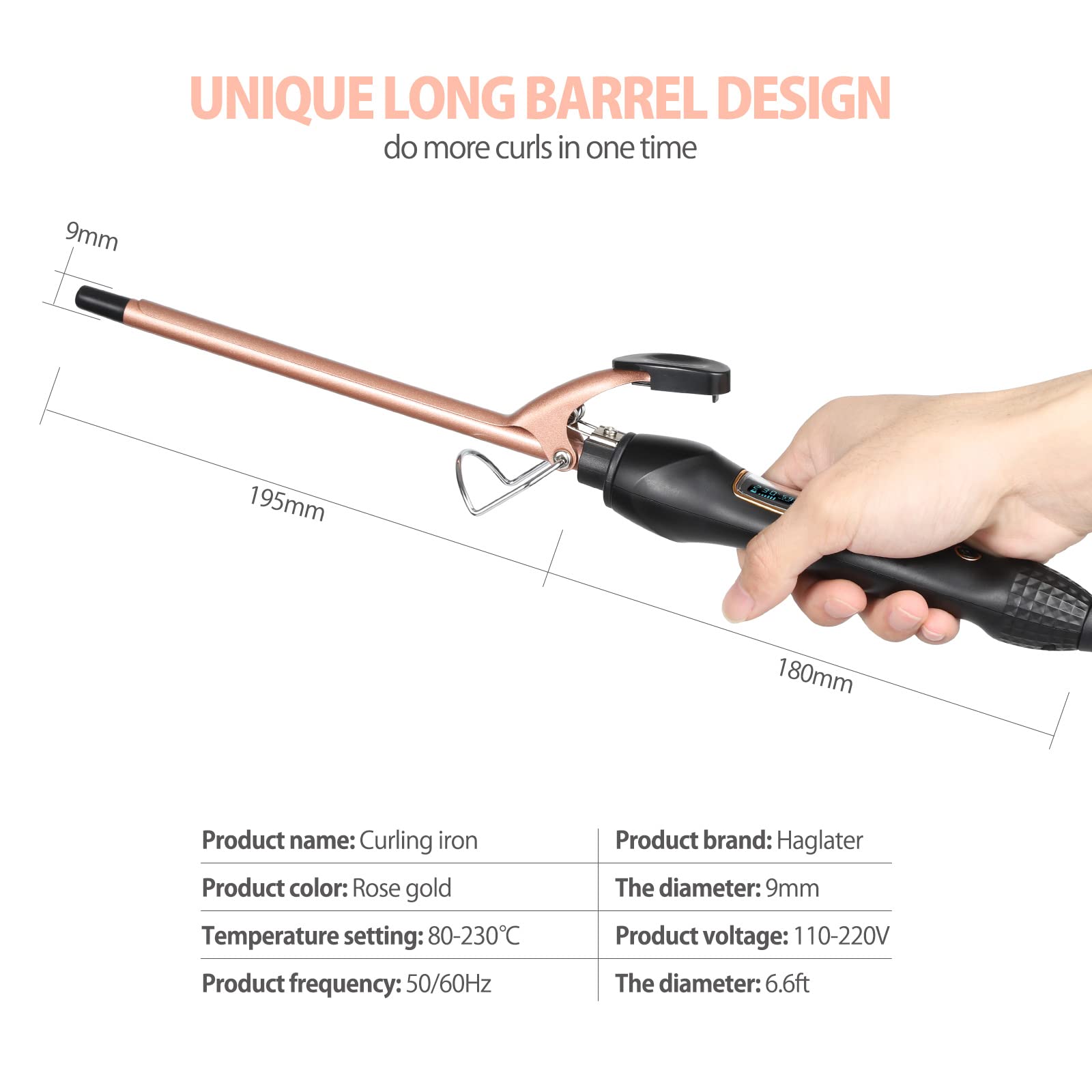 Haglater 3/8 Inch (9mm) Ceramic Curling Wand - Adjustable Temperature Curling Iron for Short & Long Hair - Perfect for Beach Waves, Wedding Hairstyles & Daily Styling