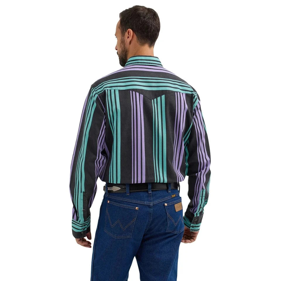 Vintage Wrangler Men's Long Sleeve Shirt - Purple & Blue Brushpopper Stripe for Casual Wear & Outdoor Adventures