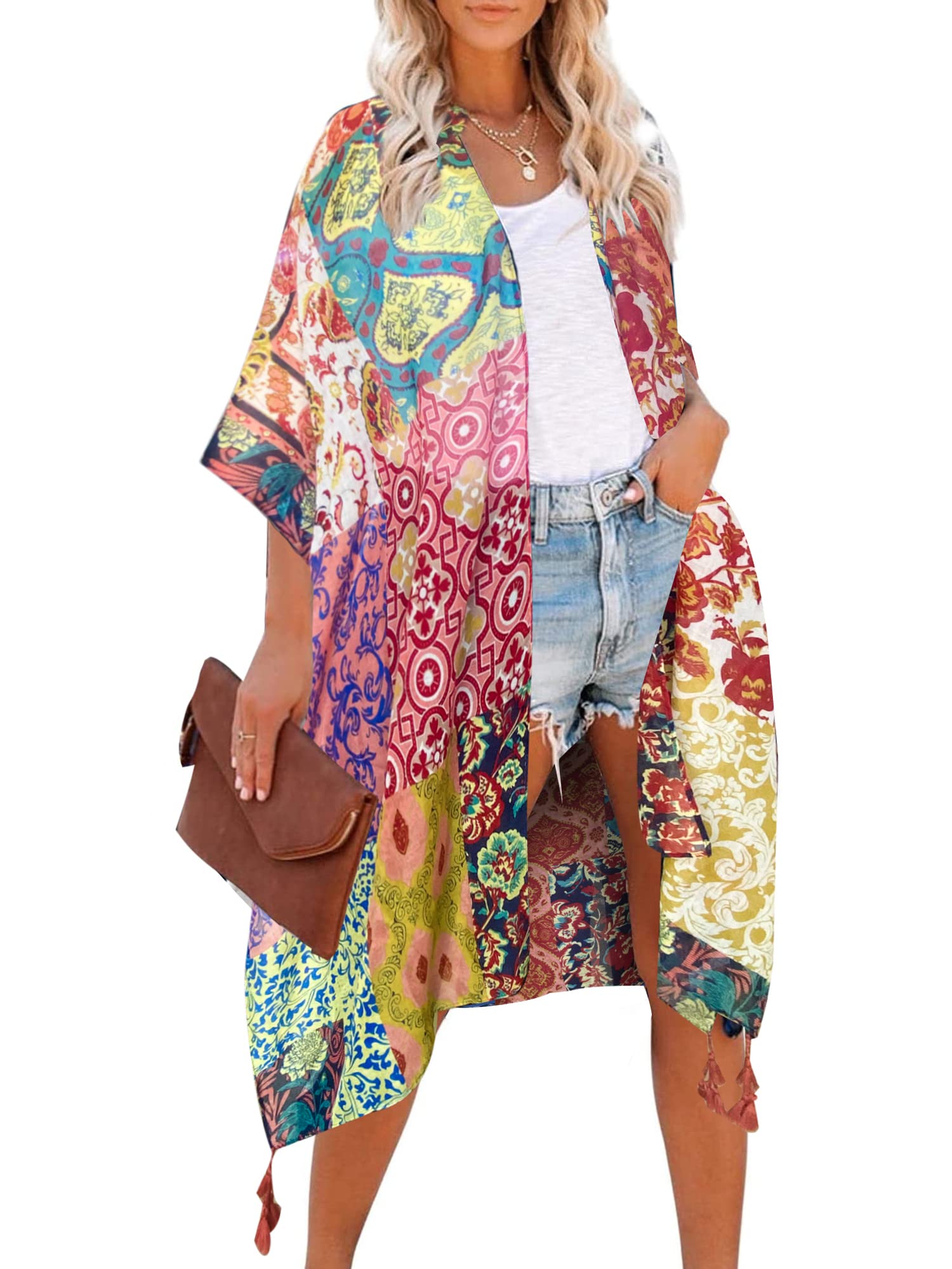 2PCS Floral Print Women's Beach Cover Up Kimono Cardigan - Lightweight Summer Swimwear Wrap for Pool, Beach, and Vacation Outfits