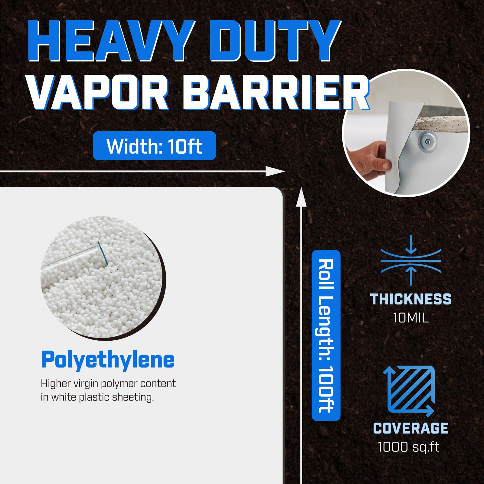 10mil Vapor Barrier Plastic Sheeting 10'x100' - Heavy Duty Crawl Space Encapsulation Film, Black/White Panda Film for Moisture Control & Insulation - Perfect for Basement Waterproofing, Concrete Floor Protection & DIY Home Renovation Projects