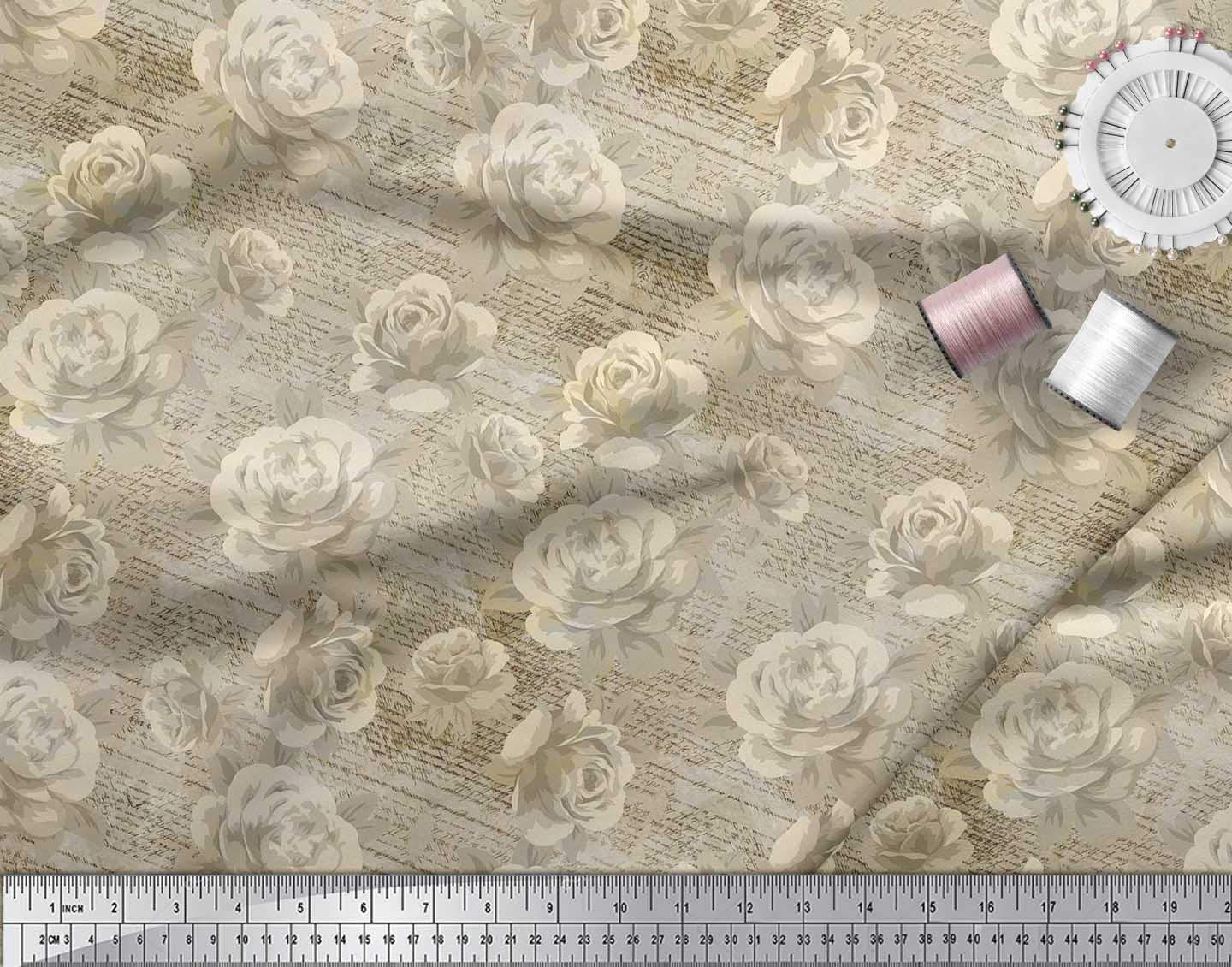 Soimoi 100% Cotton Voile Fabric - Green Printed Text, Leaves & Rose Floral Design - 42 Inch Wide by The Yard - Lightweight & Breathable for Dresses, Curtains, Scarves & DIY Crafts