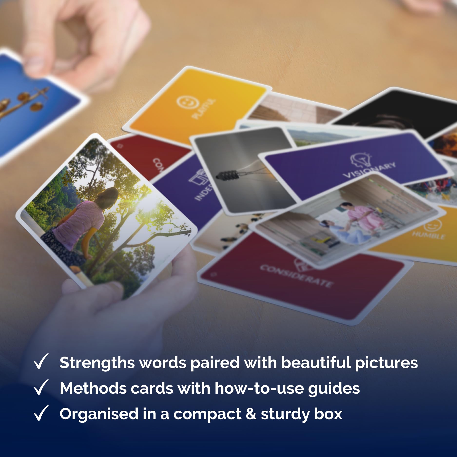 metaFox Stronger You | 52 Premium Strength Cards for Coaching, Therapy, Workshops & Team Building | Durable Coaching Cards with Strengths, Icons & Images | Compact Format for Multiple Uses | Perfect for Counselors, Therapists & HR Professionals