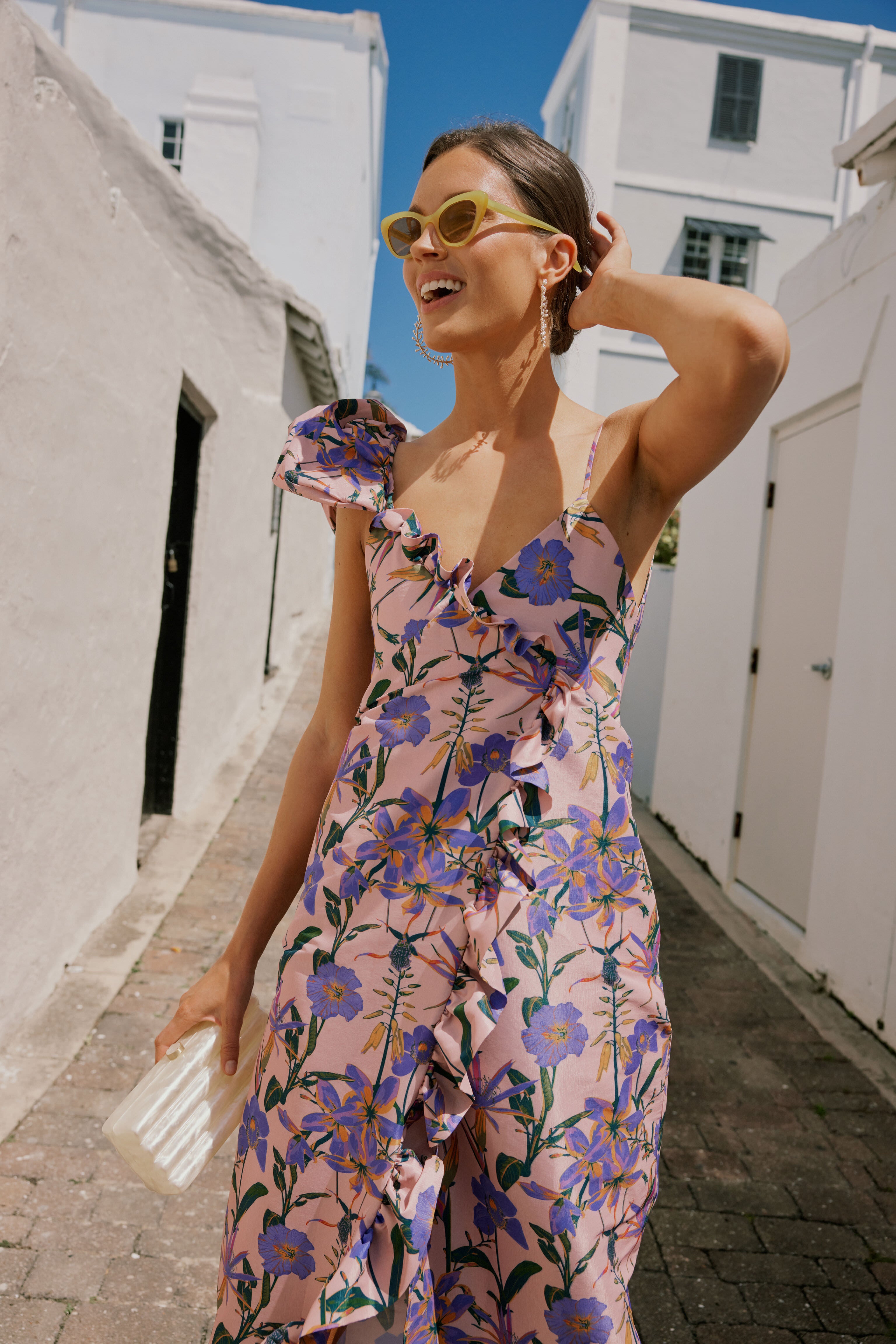 Blush Iris Penelope Maxi Dress for Women - Flowy Long Summer Dress with Floral Print, V-Neck & Side Slits | Perfect for Beach Vacations, Weddings & Date Nights