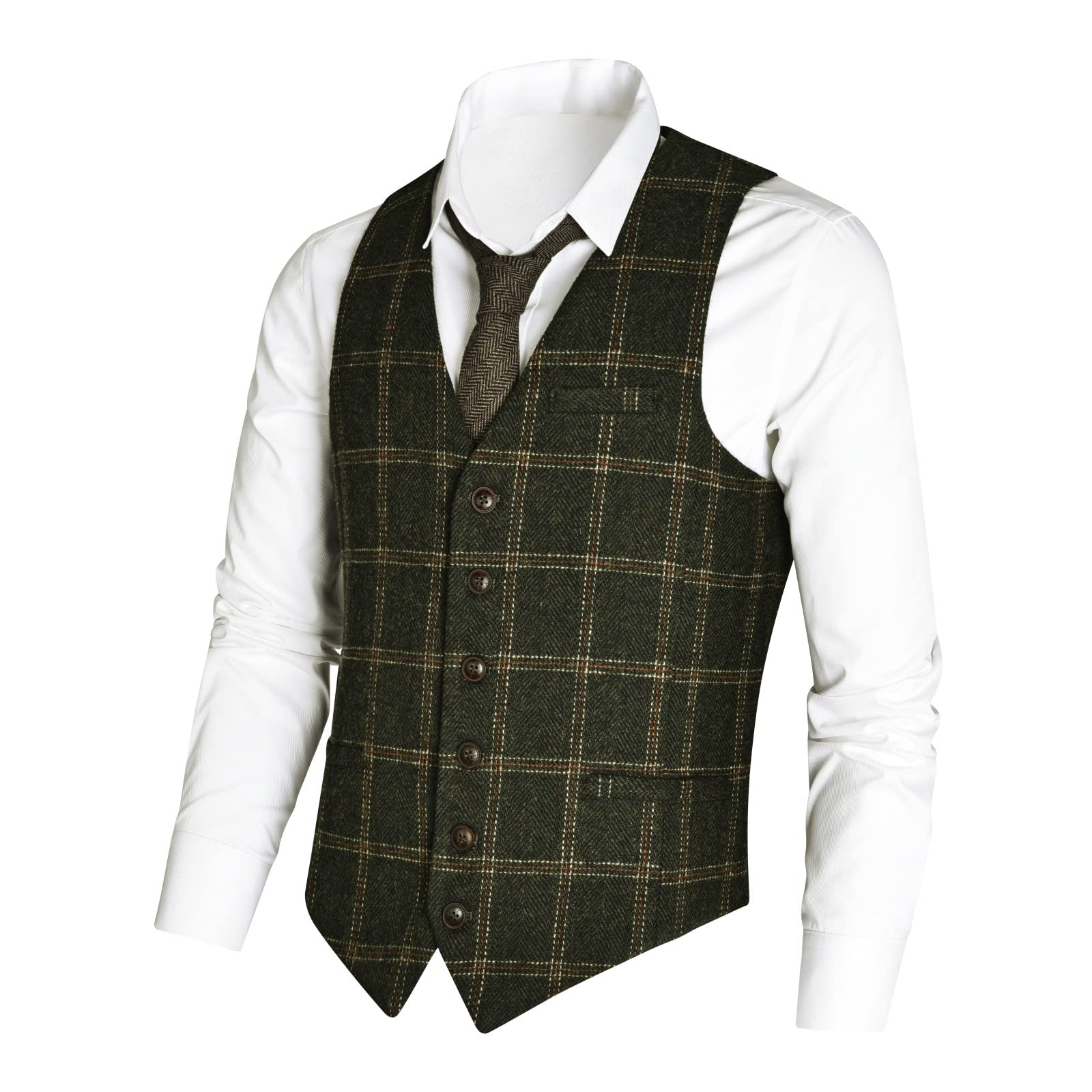 VOBOOM Men's Slim Fit Herringbone Tweed Suit Vest - Premium Wool Blend Waistcoat for Business, Wedding & Formal Occasions