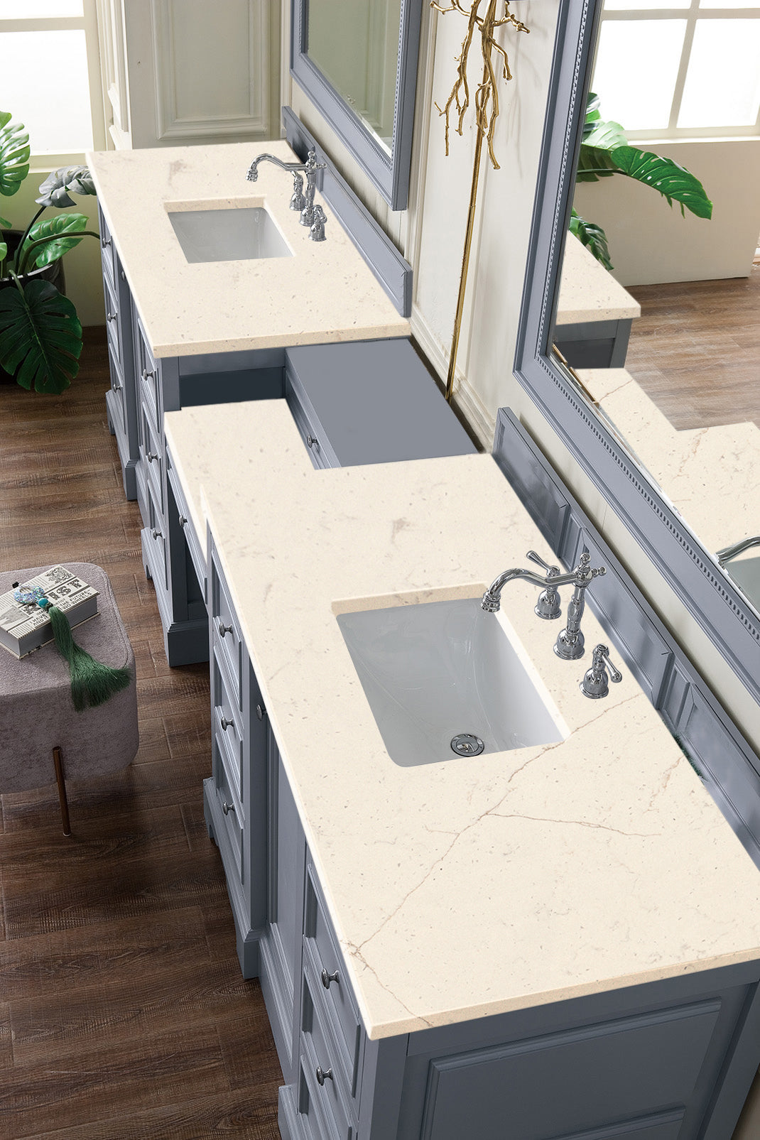 De Soto 118 Double Vanity Set with Makeup Table - Silver Gray Finish & 3CM Eternal Marfil Quartz Top | Modern Bathroom Vanity for Master Suite, Guest Bath or Luxury Home Renovation