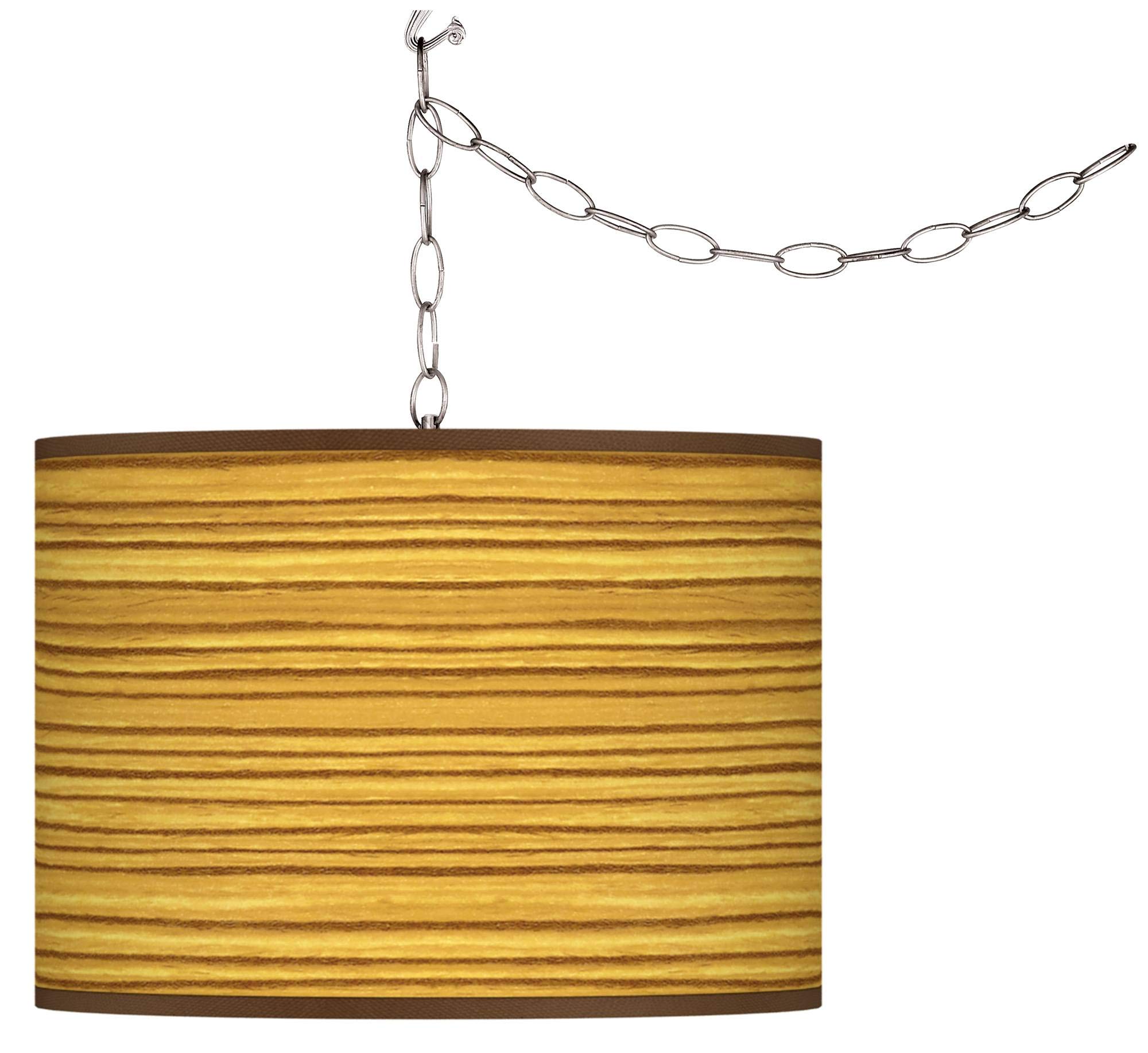 Stylish Tawny Zebrawood Plug-in Swag Pendant Light with Printed Fabric Shade - Perfect for Bedroom, Living Room & Dining Room Lighting