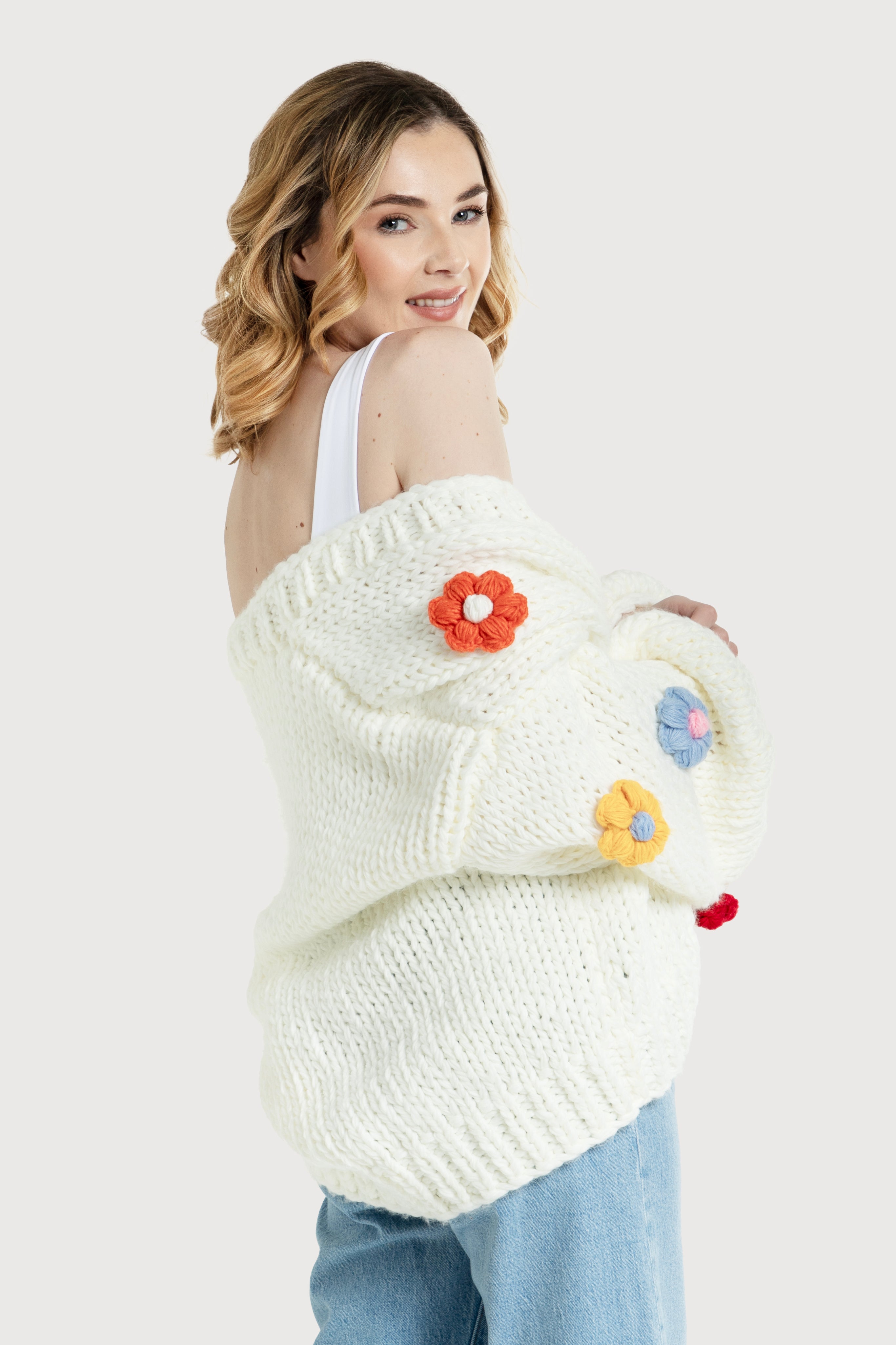 Floral Knitted Appliqué Cardigan for Women - Boho Chic Lace Trim Sweater - Perfect for Spring Outfits, Date Nights & Casual Wear