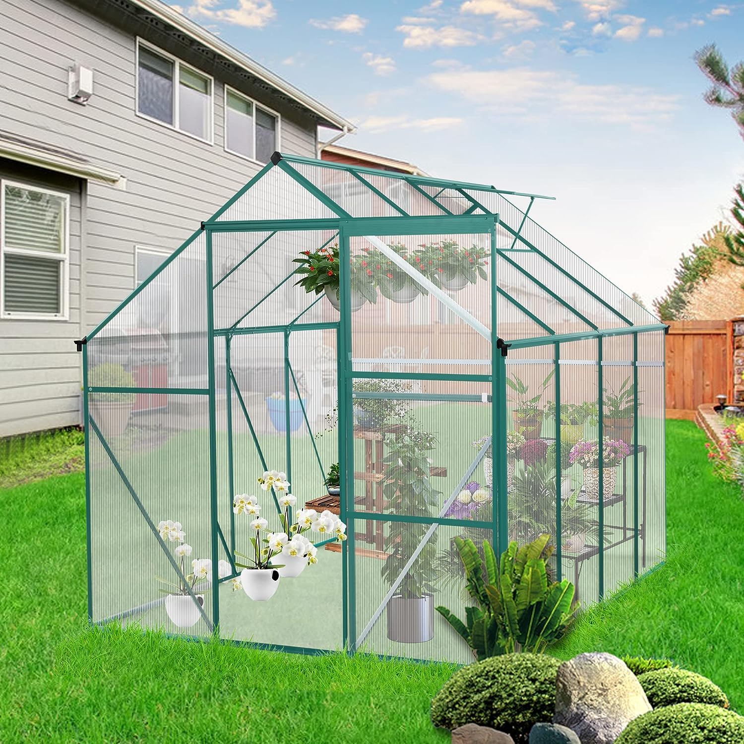 6x8 ft Greenhouse for Outdoor Backyard - Powder-Coated Thickened Aluminum Alloy Frame with Roof Vent Window - All Season Gardening & Plant Protection - Perfect for Vegetables, Flowers & Herbs