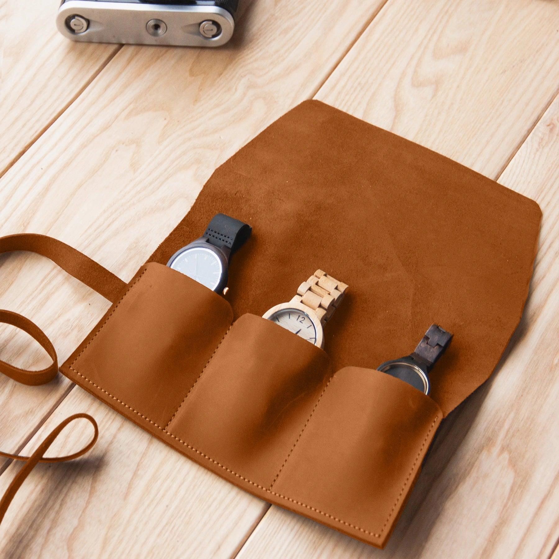 Luxury Leather Watch Roll Case - 3 Watch Storage Organizer for Travel & Display | Perfect for Men's Watches, Watch Collectors & Gifts