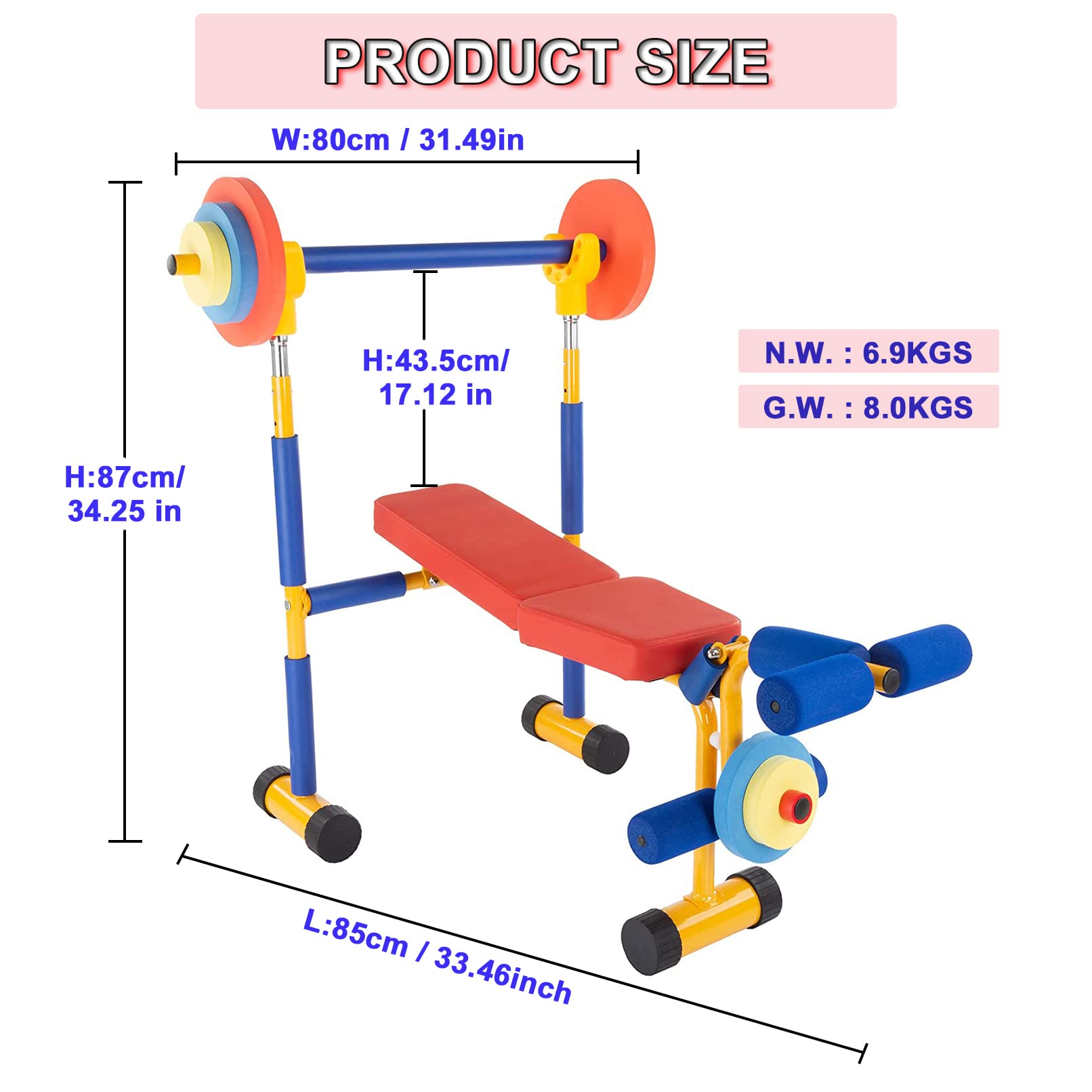 Kids Workout Equipment - Adjustable Weight Bench for Strength Training & Full Body Exercise | Fun Fitness Bench Press for Home Gym, Youth Exercise & Playroom Activities