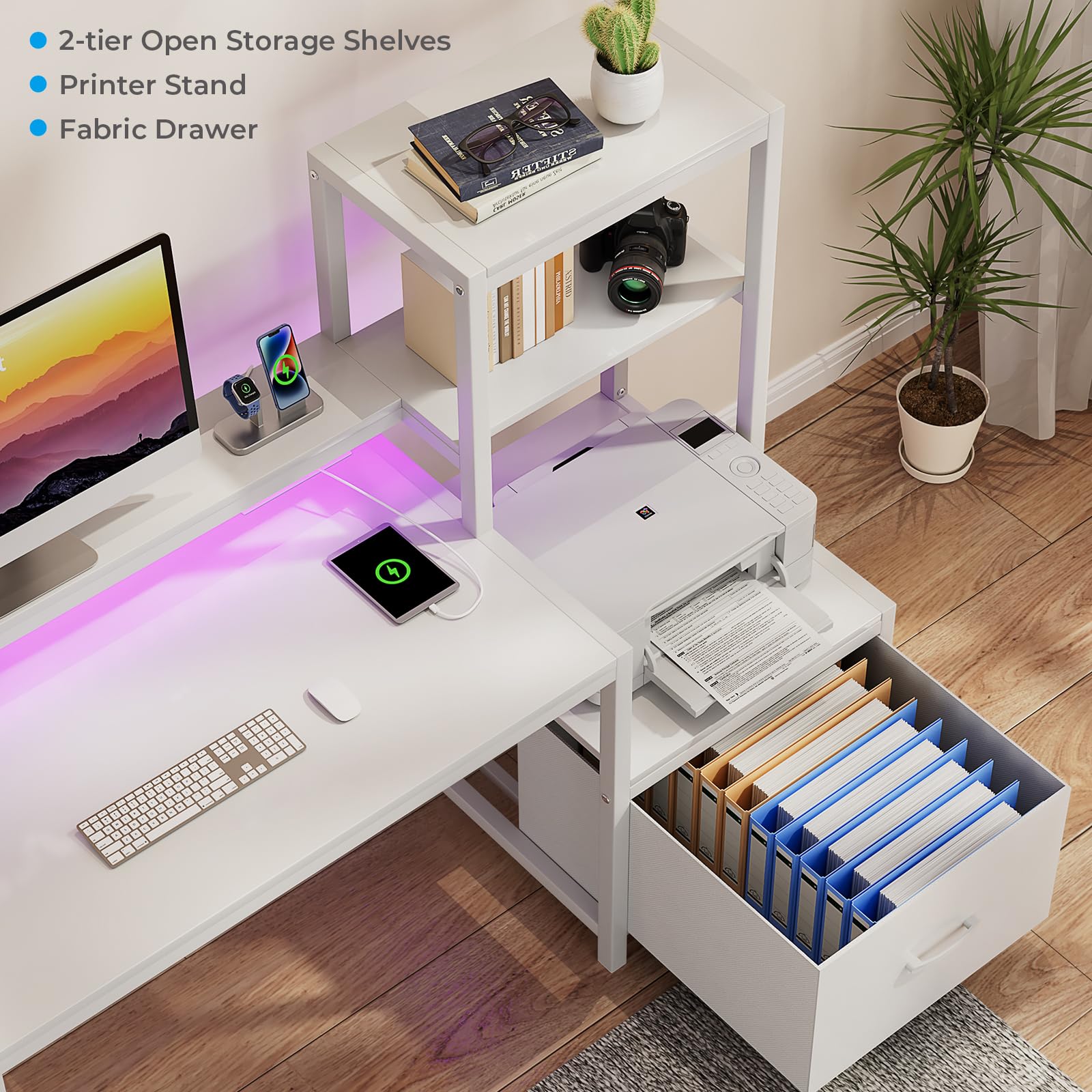 GreenForest 51-inch Computer Desk with Drawers, Monitor Stand & Storage Shelves - Home Office Desk with Power Outlets & LED Lights - Perfect for Gaming, Study, Writing & Remote Work - White