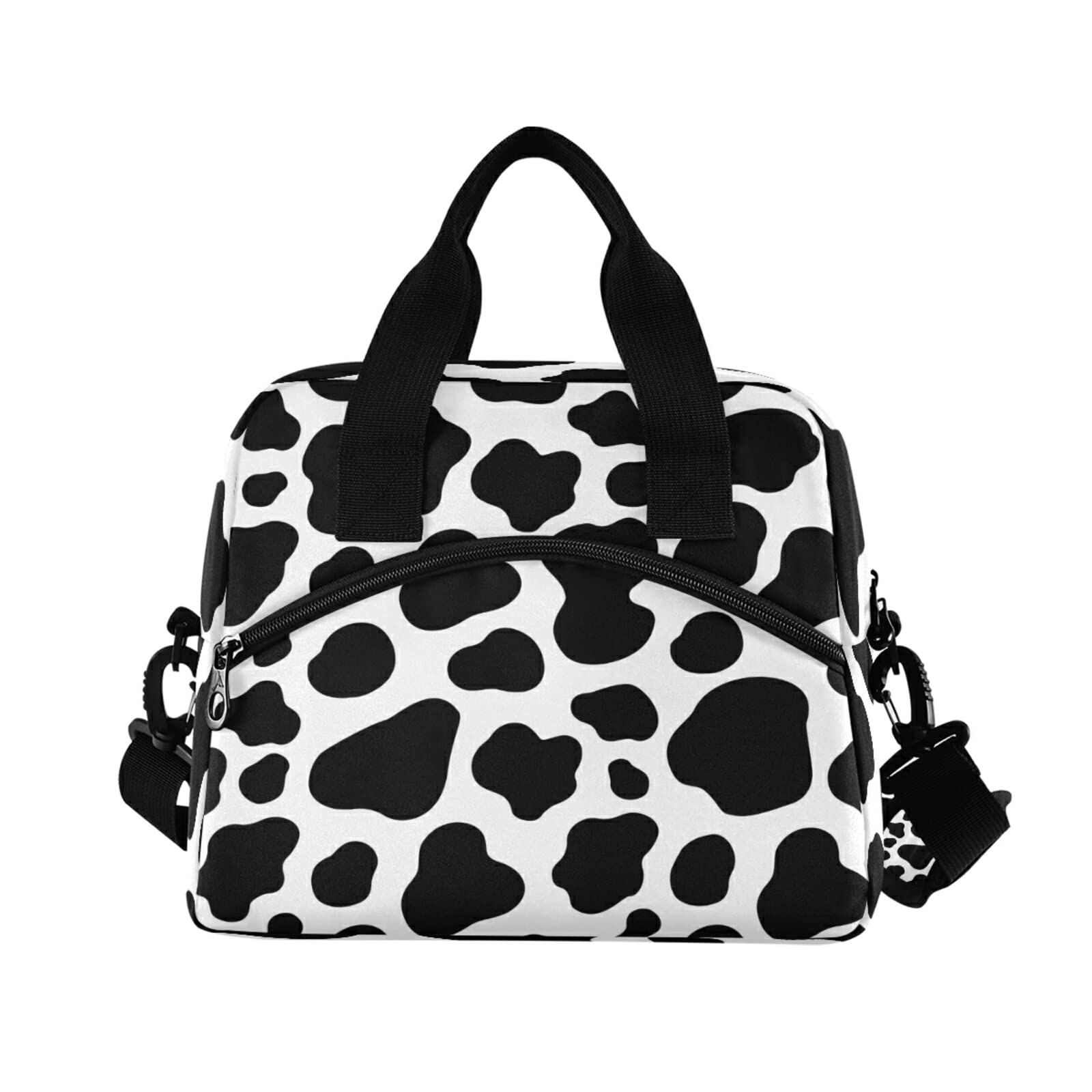 Insulated Reusable Lunch Bag with Cow Print - Eco-Friendly Cooler Tote for Women, Men & Kids - Perfect for School, Office, Picnic & Travel - Black Zippered Lunch Box Organizer