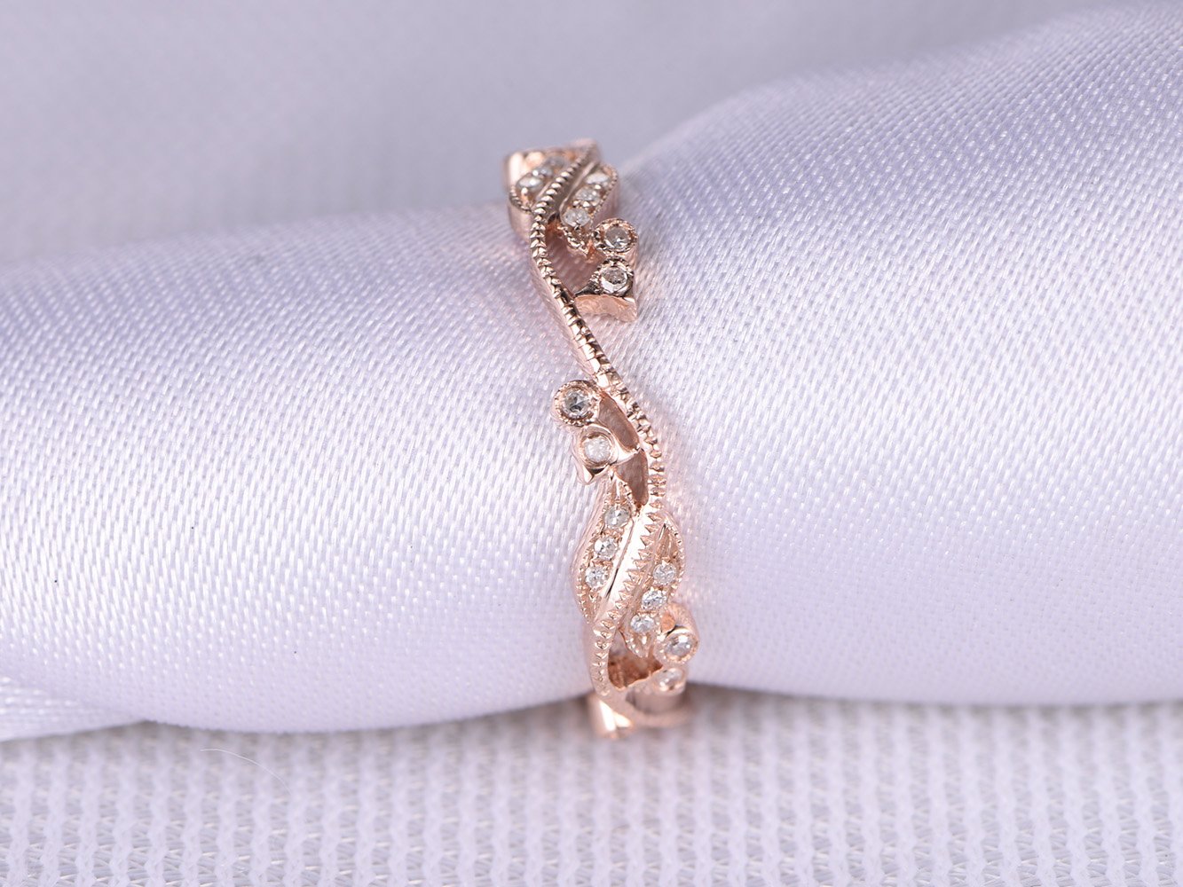 Antique Diamond Wedding Band - 14K Rose Gold Swirl & Milgrain Floral Engagement Ring | Art Nouveau Style for Vintage Brides & Anniversary Gifts