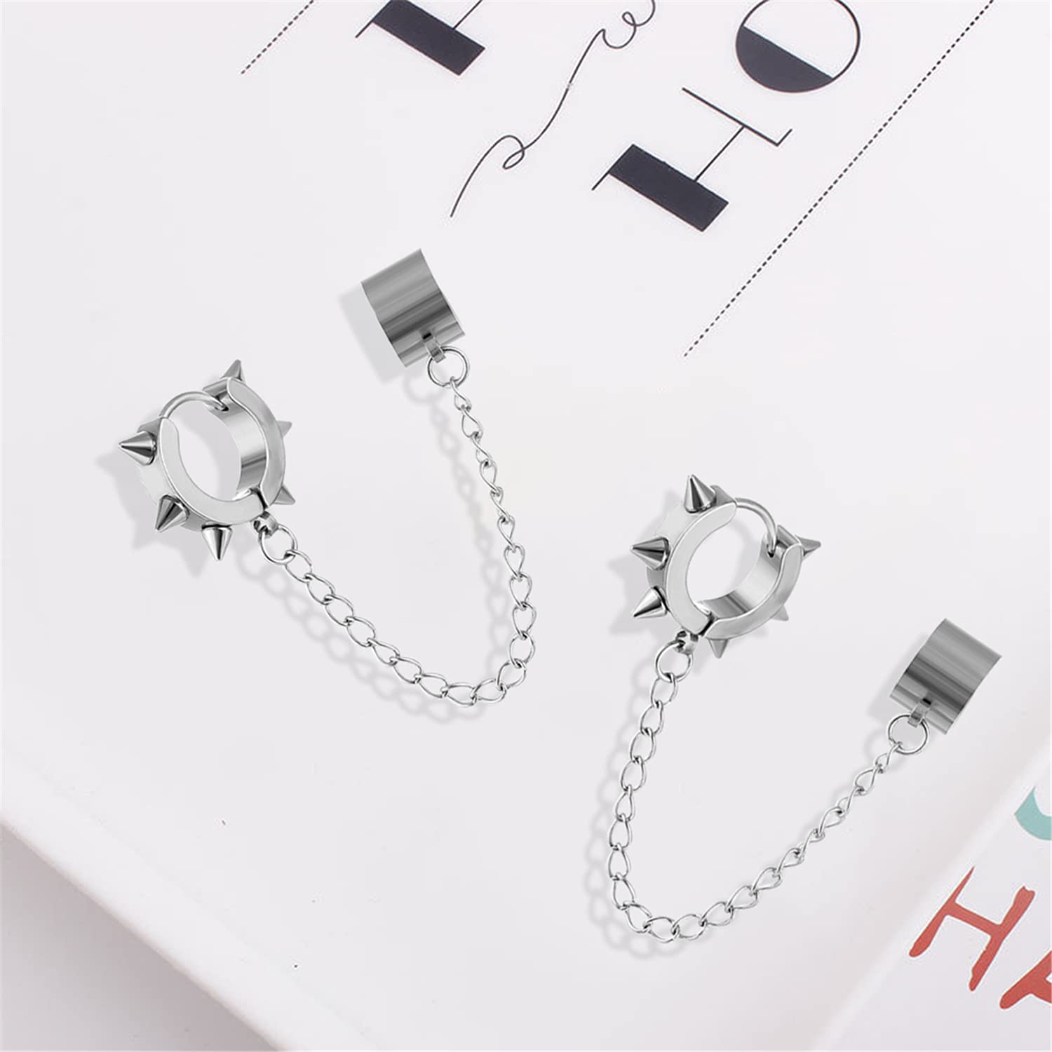Punk Silver Stainless Steel Huggie Hoop Earrings - Gothic Black Rivet Spike Dangle Drop Earrings for Women & Men | Alternative Fashion, Piercing Jewelry, Goth Accessories for Concerts & Night Out