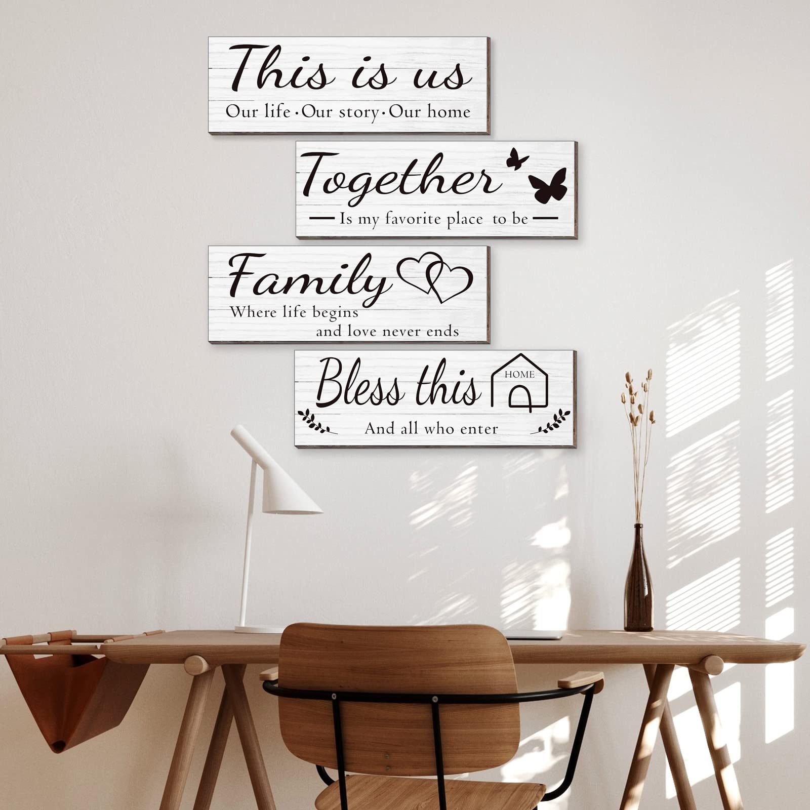 4-Piece Rustic Farmhouse Wooden Wall Art Decor Set - THIS IS US, TOGETHER, BLESS THIS HOME, FAMILY Signs for Living Room & Bedroom, 4.7 x 13.8 Inch (White) - Perfect for Home Decor, Housewarming Gifts & Farmhouse Style Interiors