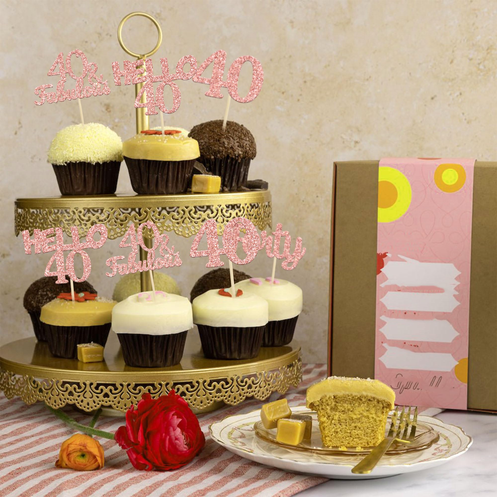 24 Pack Glitter 40th Birthday Cupcake Toppers - Hello 40 Forty Cake Decorations, 40 & Fabulous Rose Gold Cupcake Picks for Women's 40th Birthday Party, Anniversary, Retirement Celebration - Perfect for Cake, Cupcake, Dessert Decorating Supplies