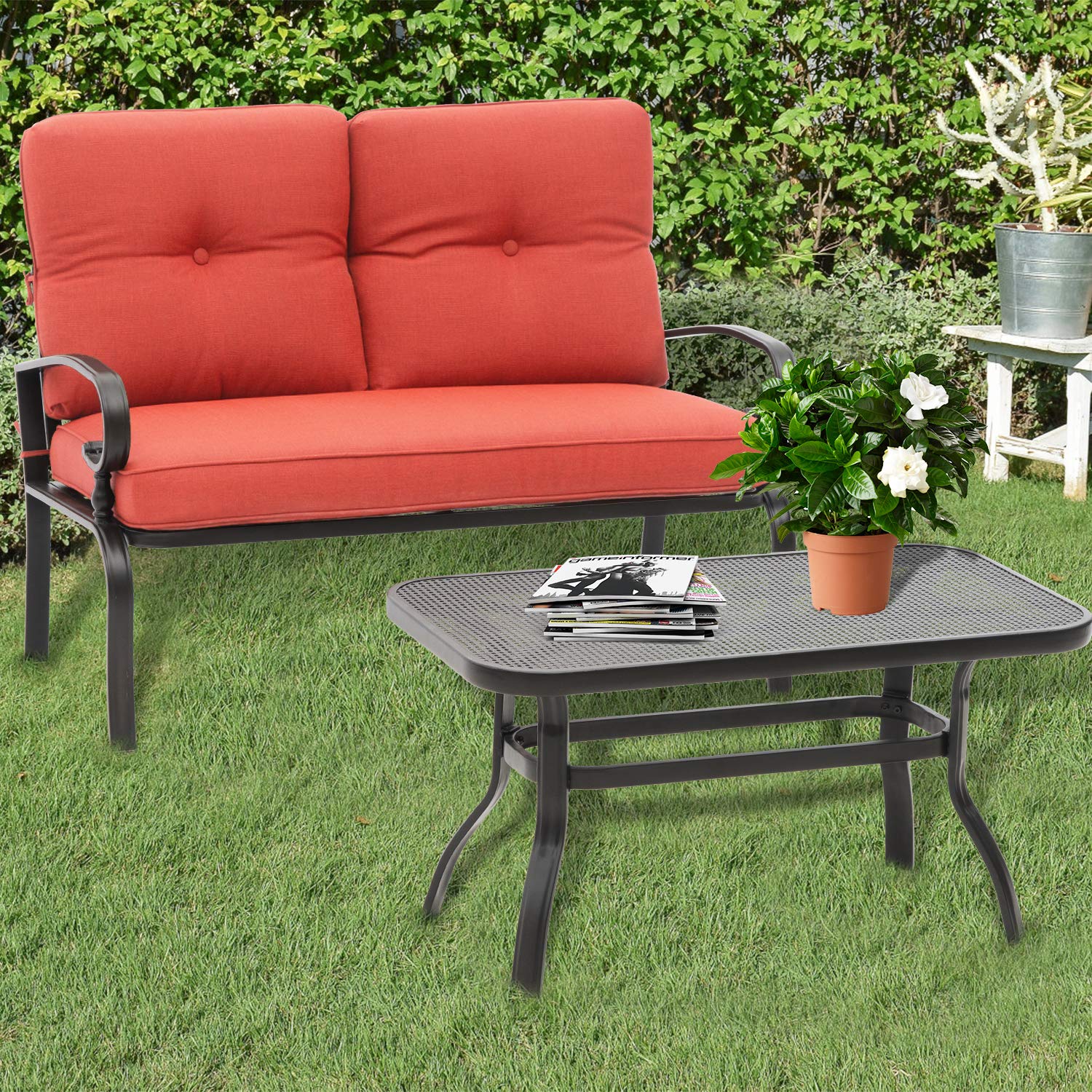 SOLAURA 2-Piece Outdoor Loveseat Set with Coffee Table - Wrought Iron Frame & Red Cushions - Patio Garden Bench Sofa for Backyard, Poolside, and Terrace Relaxation