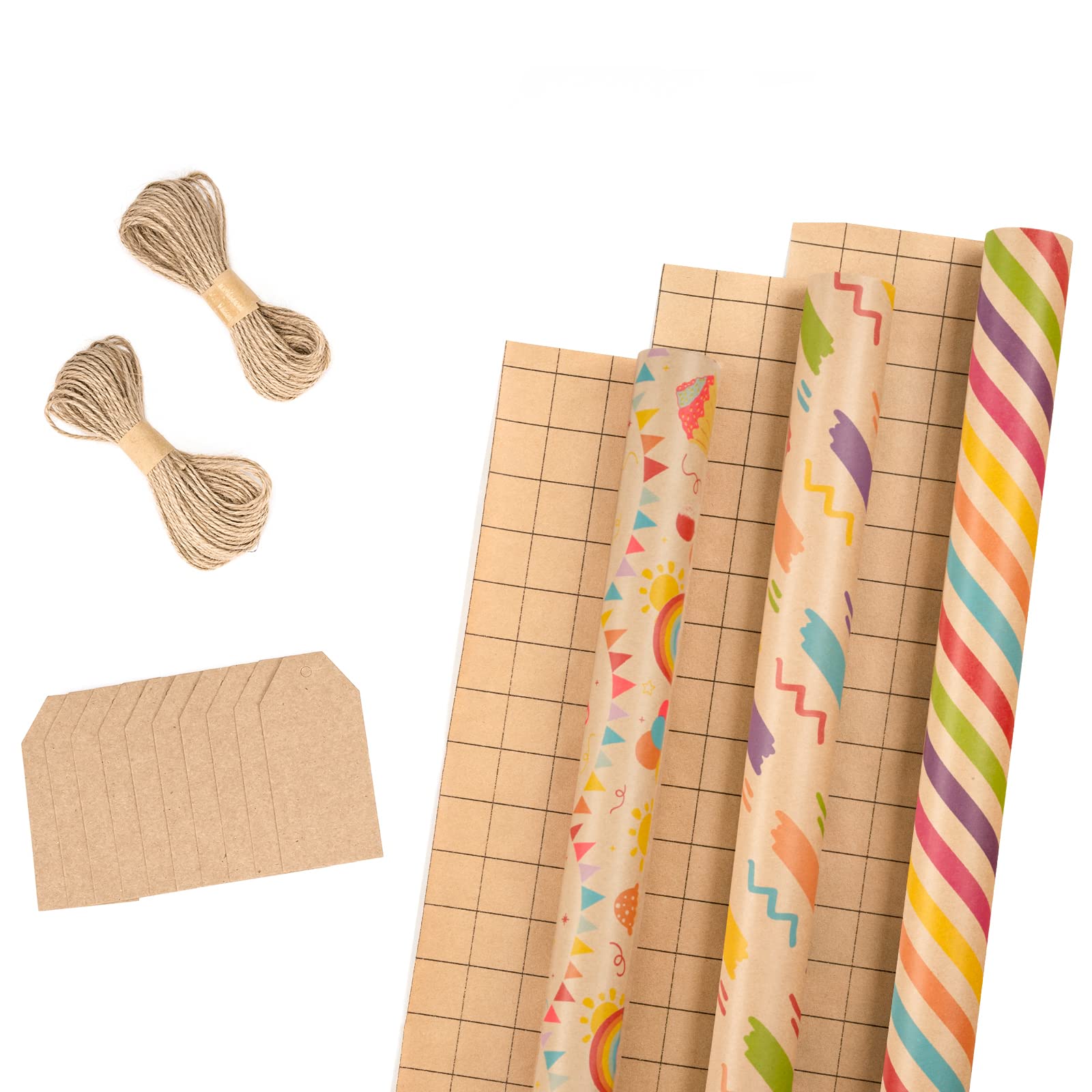 RUSPEPA 3 Rolls Kraft Wrapping Paper with Gift Tags & Jute String - 17x10 Feet Brown Recycled Paper for Birthday, Christmas, Wedding Gifts - Eco-Friendly Present Wrapping for Parties, Baby Showers & Special Occasions