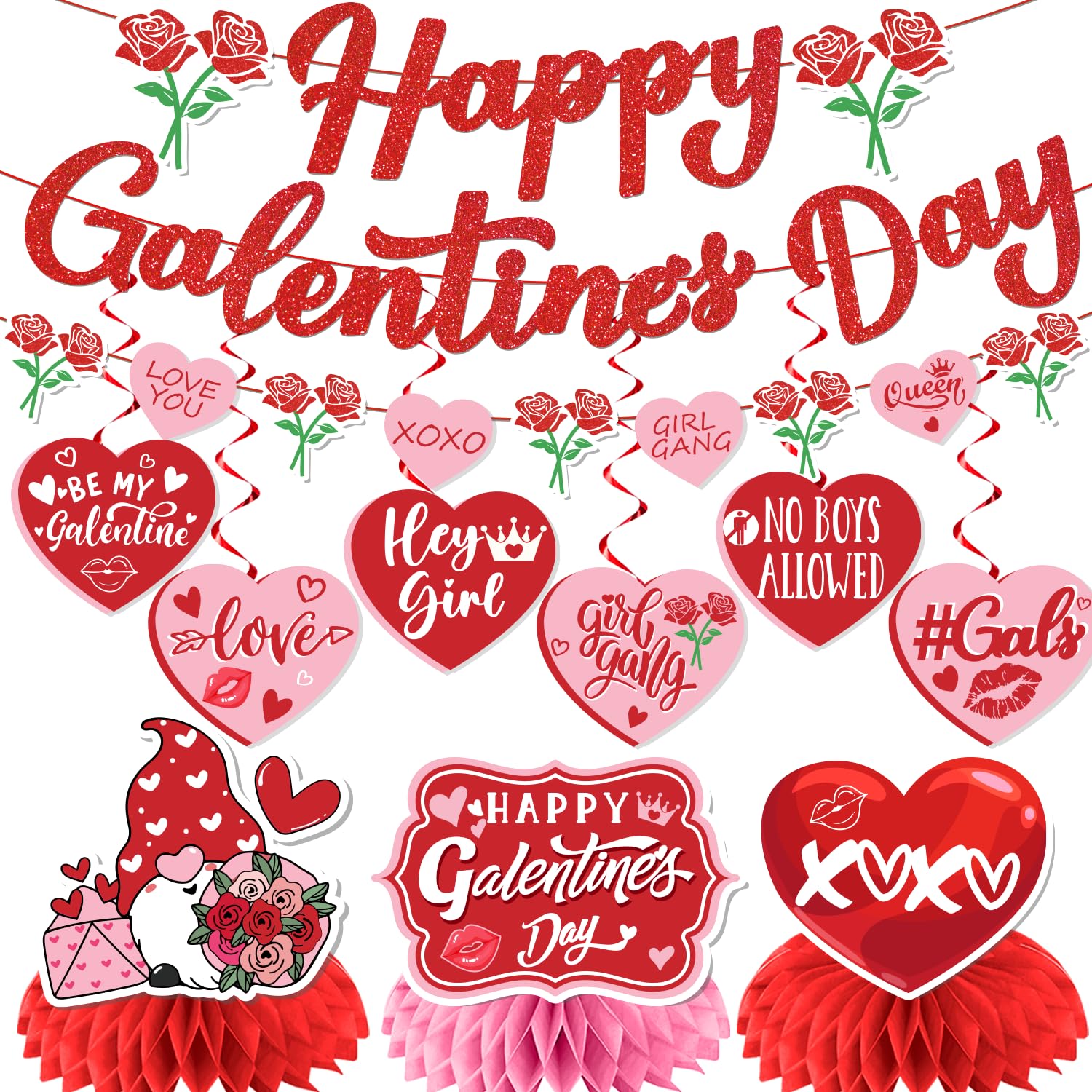 Galentine's Day Party Decorations Set - Hanging Swirls, Honeycomb Centerpiece & Banner for Galentine's Night Celebration | Perfect for Girls' Night, Bachelorette Parties & Valentine's Day Decor