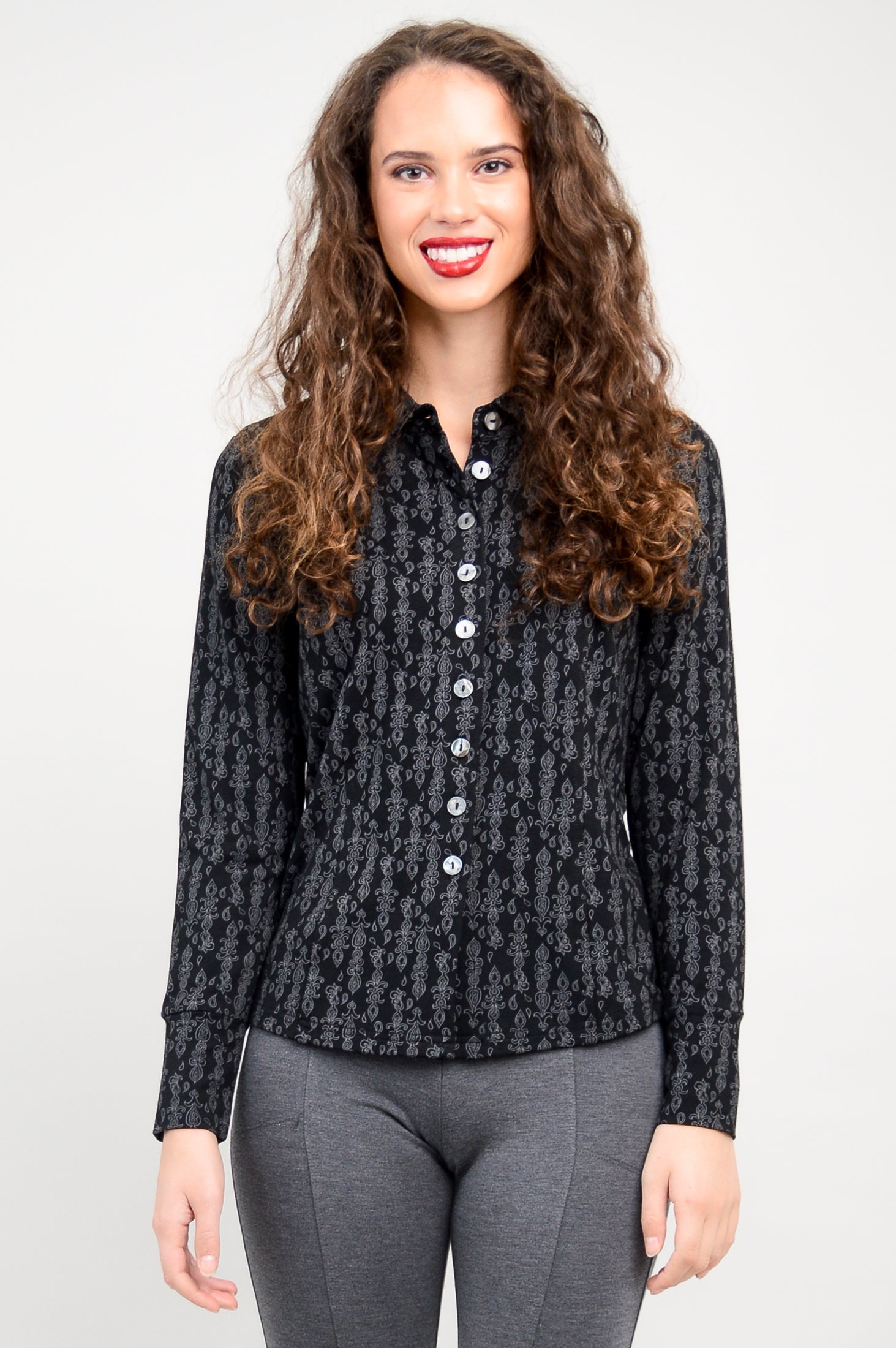 Harley Long Sleeve Top for Women - Soft Bamboo Fabric, Charcoal Paisley Print - Comfortable & Stylish Casual Shirt - Perfect for Work, Travel & Everyday Wear