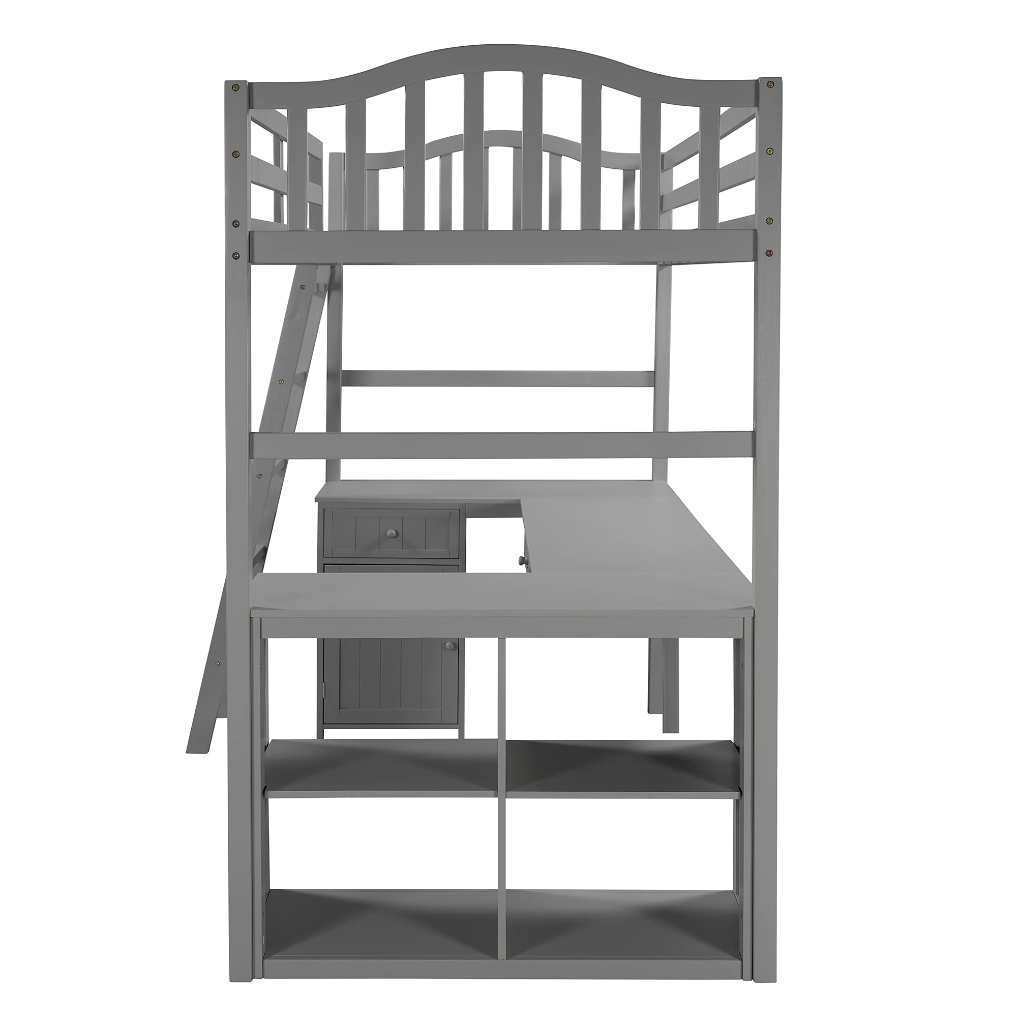 Rhomtree Twin Loft Bed with Drawers, Cabinet, Shelves & Desk - Sturdy Wood Loft Bed with Safety Guard Rail & Ladder for Kids, Teens & Adults - Space-Saving Bedroom Furniture for Small Rooms, Dorms & Apartments (Gray)