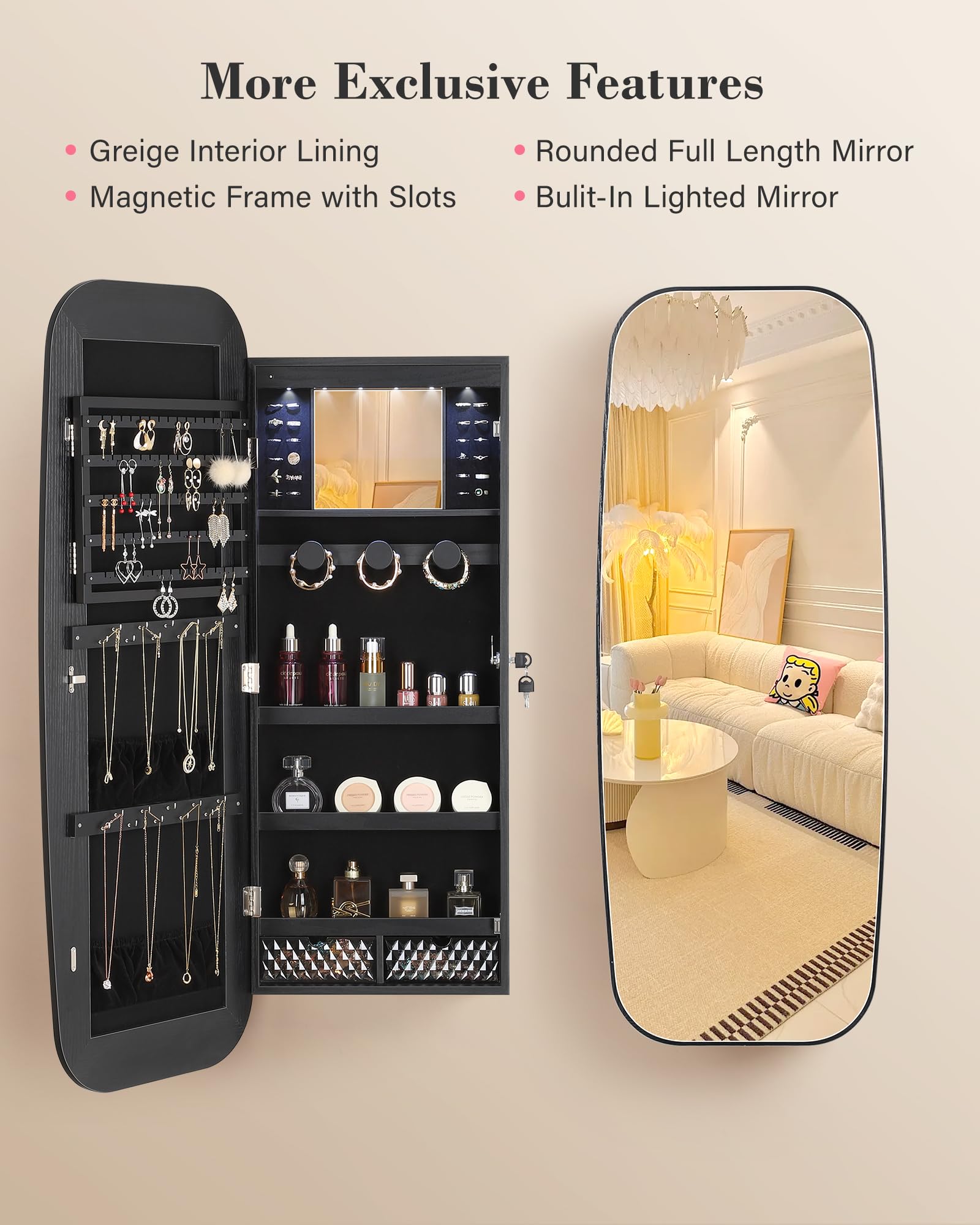 Nicetree LED Jewelry Cabinet with Lockable Mirror - Wall Mounted Jewelry Organizer with 2 Drawers & Storage Space - Black Rounded Armoire for Necklace, Ring & Earring Organization - Perfect for Bedroom, Closet or Dressing Room