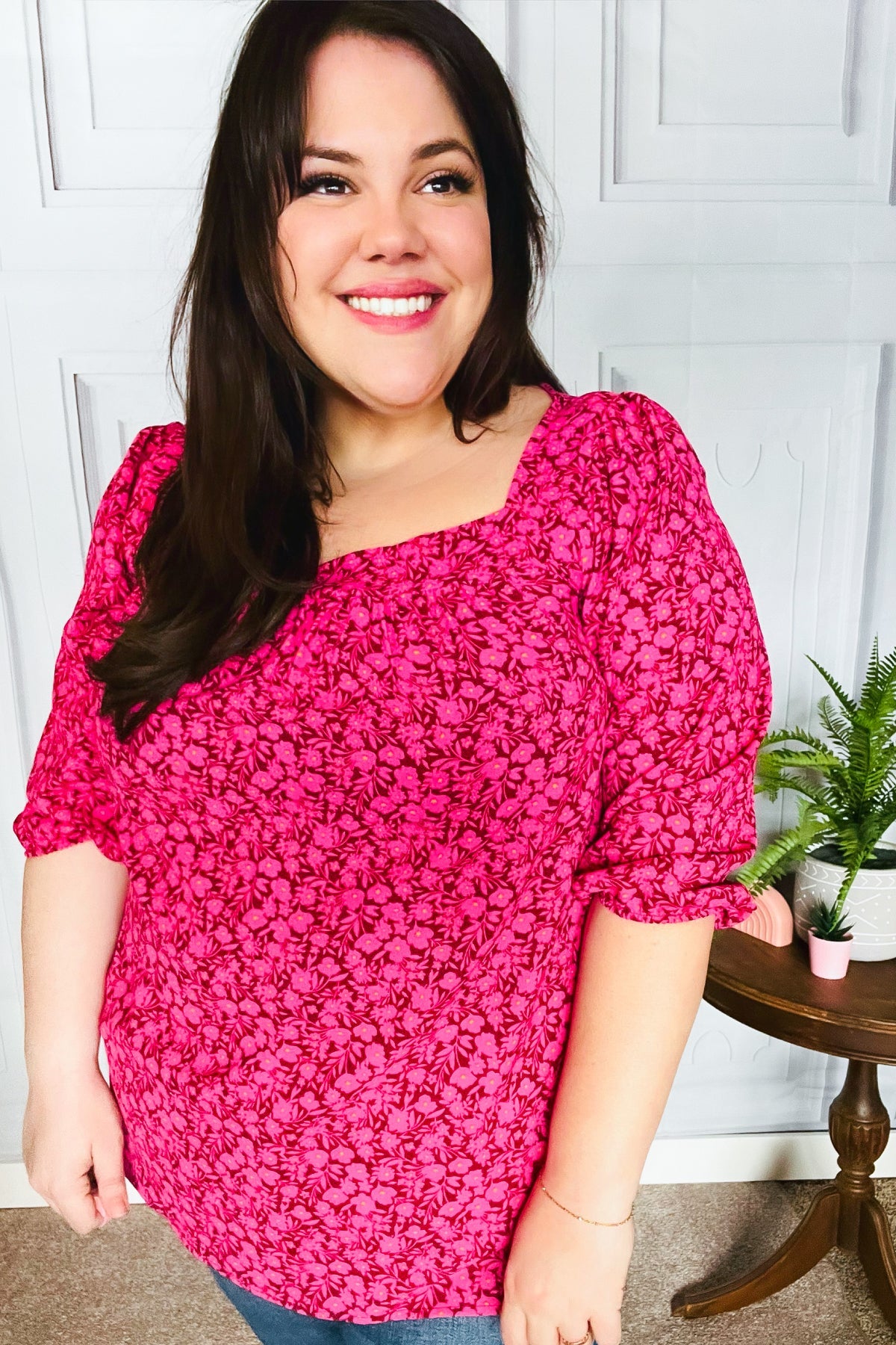 Perfectly You Fuchsia Floral Print Three Quarter Sleeve Square Neck Blouse for Women | Casual Spring Summer Tops for Office Wear & Date Night Outfits