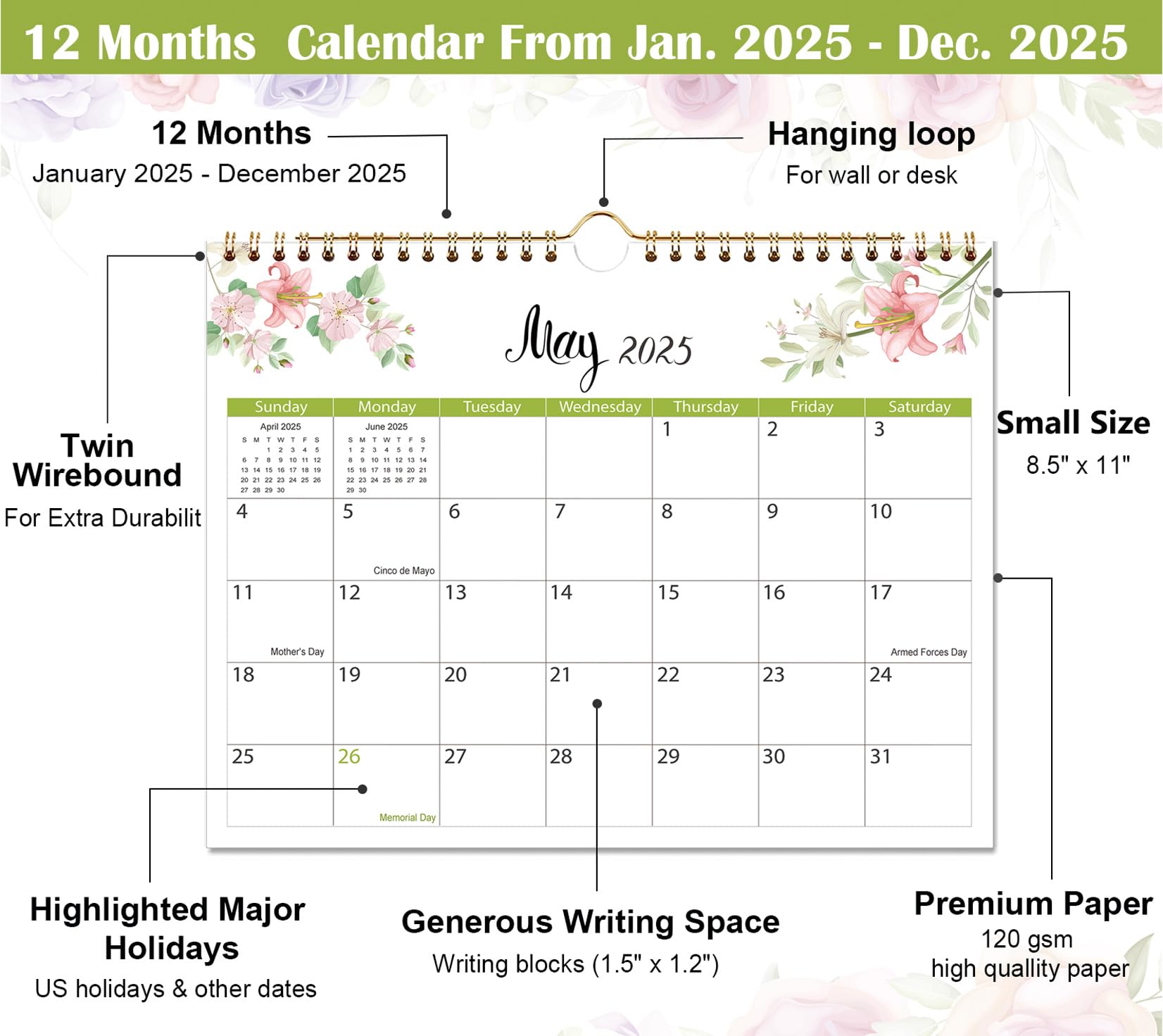 2024-2025 Wall Calendar with Floral Design - October 2024 to December 2025 Hanging or Desk Calendar (8.5