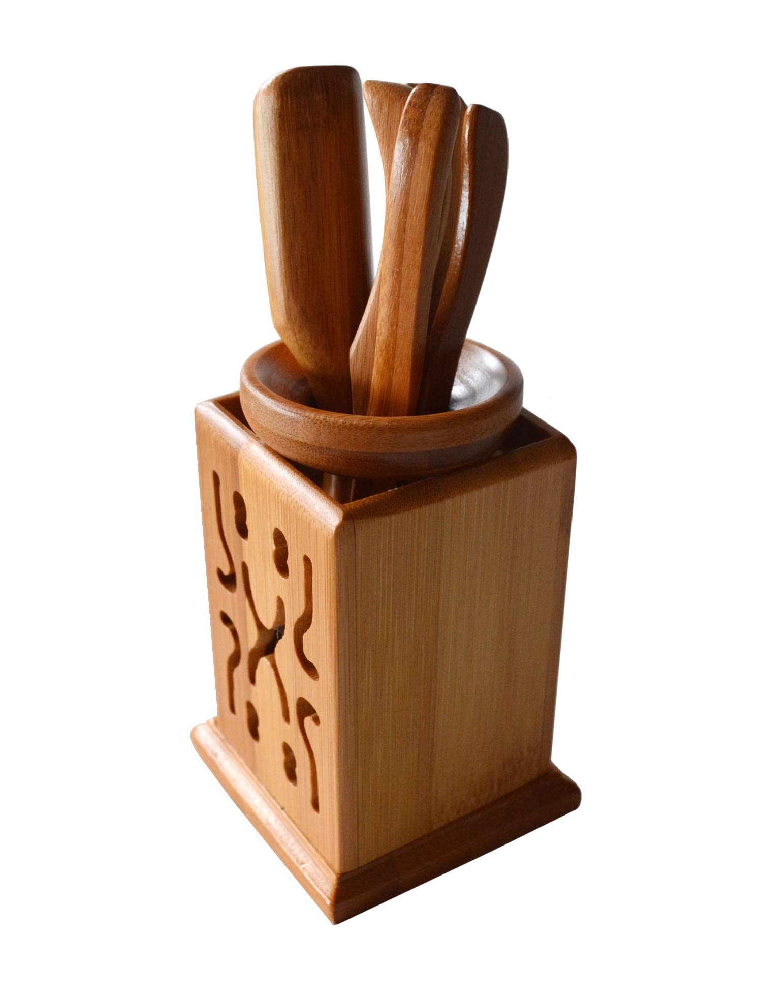 Premium Bamboo GongFu Tea Set - Tea Scoop, Tongs, Tea Needle & Funnel in Square Canister | Traditional Chinese Tea Ceremony Tools for Home & Office Tea Brewing