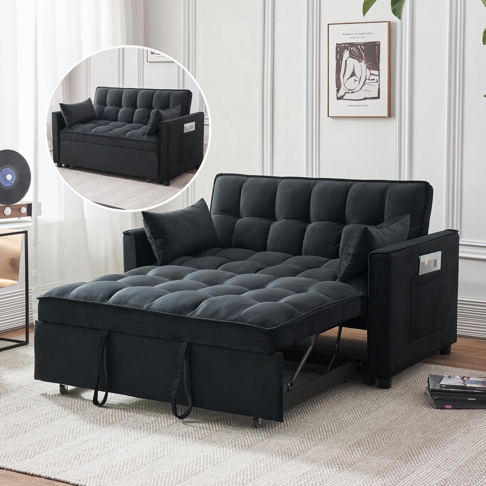 Modern Velvet 3-in-1 Convertible Futon Sofa Bed - Pullout Sleeper Couch with Adjustable Backrest, Storage Pockets & Toss Pillows - Perfect for Small Spaces, Living Room, Bedroom or Guest Room (Black)