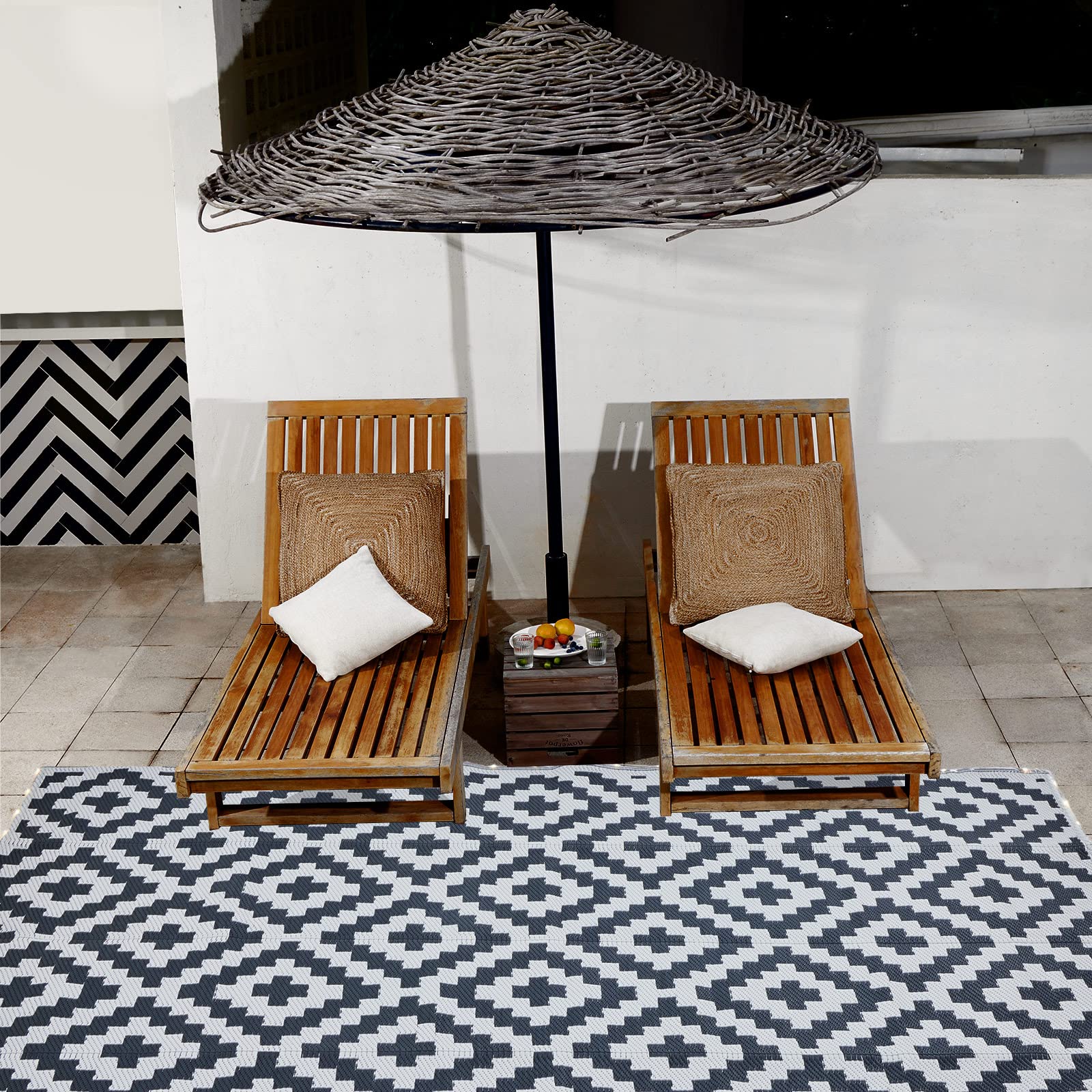 URBEST Reversible Waterproof Outdoor Camping Mat - 9x12 Feet Black & White RV Deck Porch Rug with LED Illumination | Perfect for Camping, Patio, RV & Outdoor Gatherings
