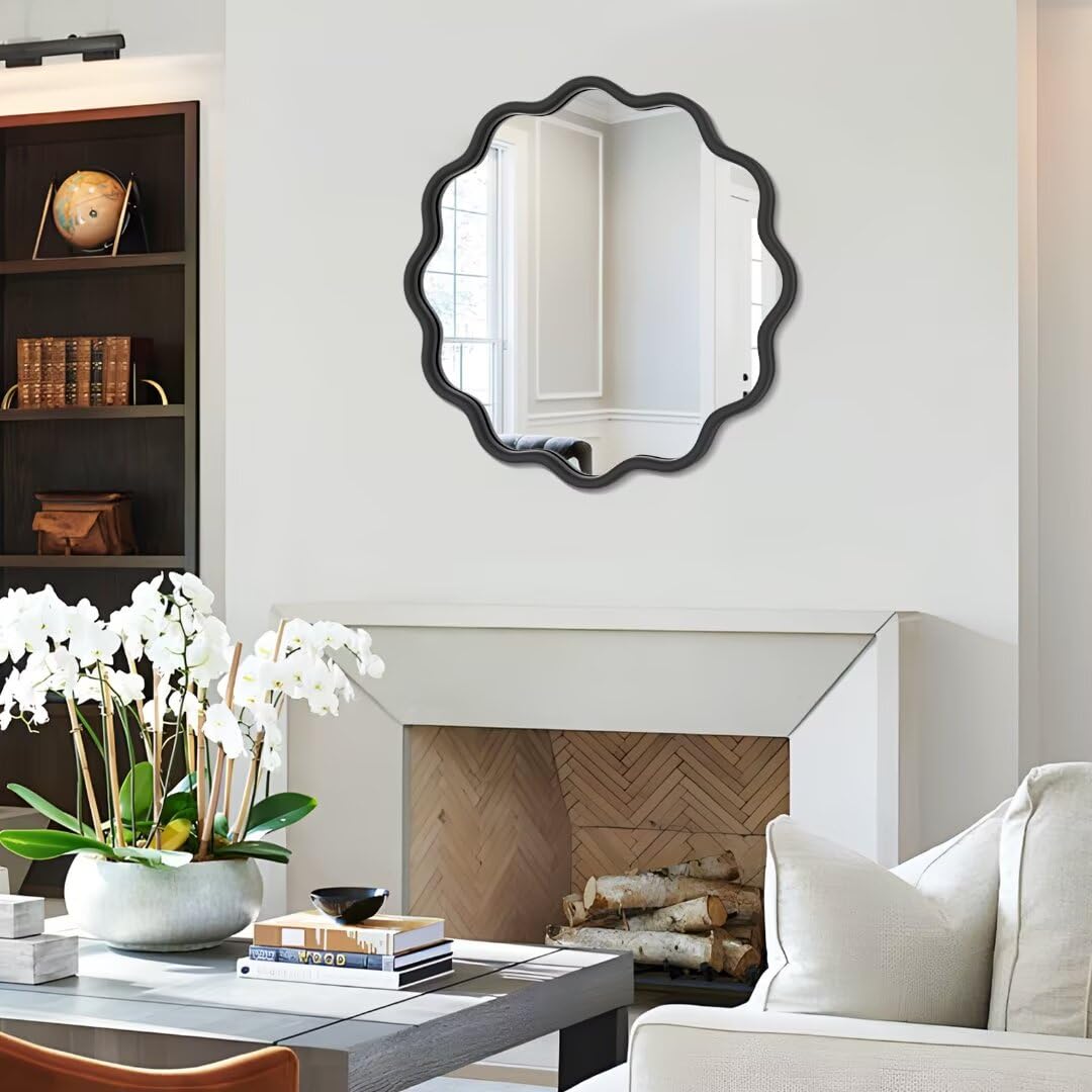 20 Inch Black Round Wavy Bathroom Vanity Mirror - Gold Frame Modern Wall Mirror with Anti-Rust Tempered Glass - Perfect for Bathroom, Bedroom & Living Room Decor