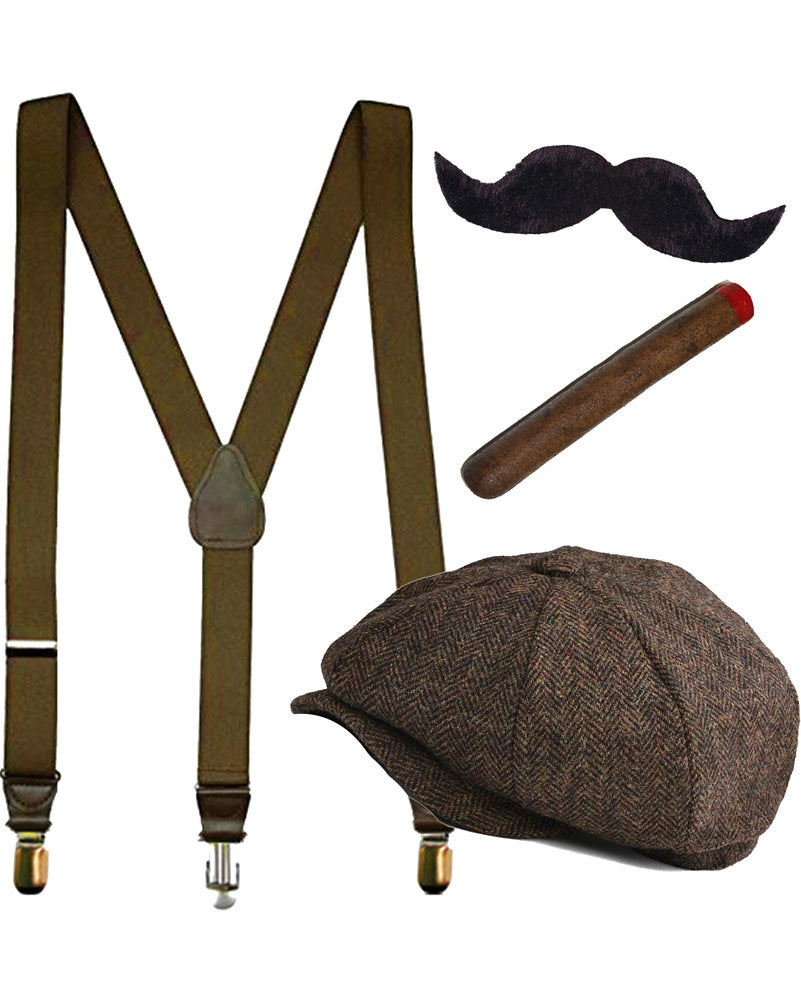Vintage 20s London Streets Hat, Suspenders, Cigar & Moustache Set - Perfect for Gatsby Parties, Roaring 20s Costumes & Themed Events