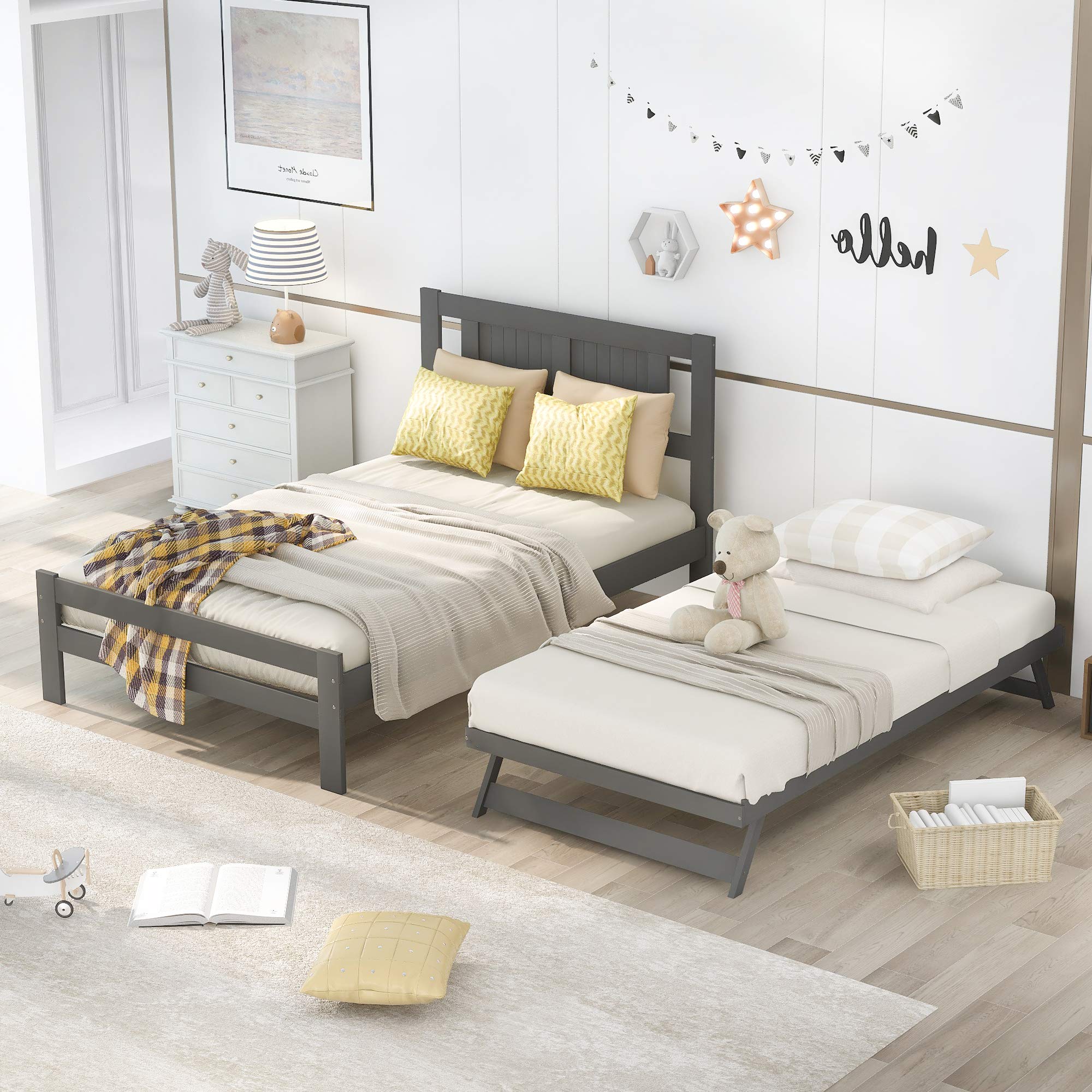 Twin Size Solid Wood Platform Bed Frame with Adjustable Pull-Out Trundle and Headboard - Space Saving Kids Bed for Small Rooms & Guest Bedrooms (Full Size, Grey)
