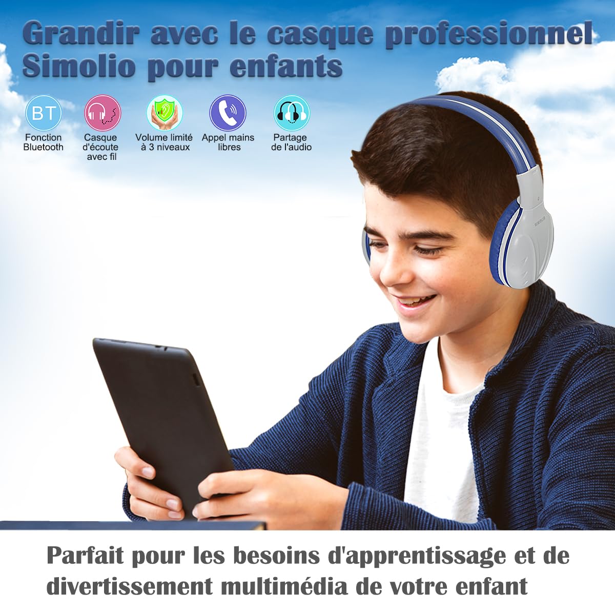 SIMOLIO Kids Bluetooth Headphones with Microphone - Volume Limited (75dB/85dB/94dB) Wireless Over-Ear Headset for Boys & Girls, Adjustable & Foldable Design - Perfect for School, Travel, Airplane & Tablet Use (Grey)