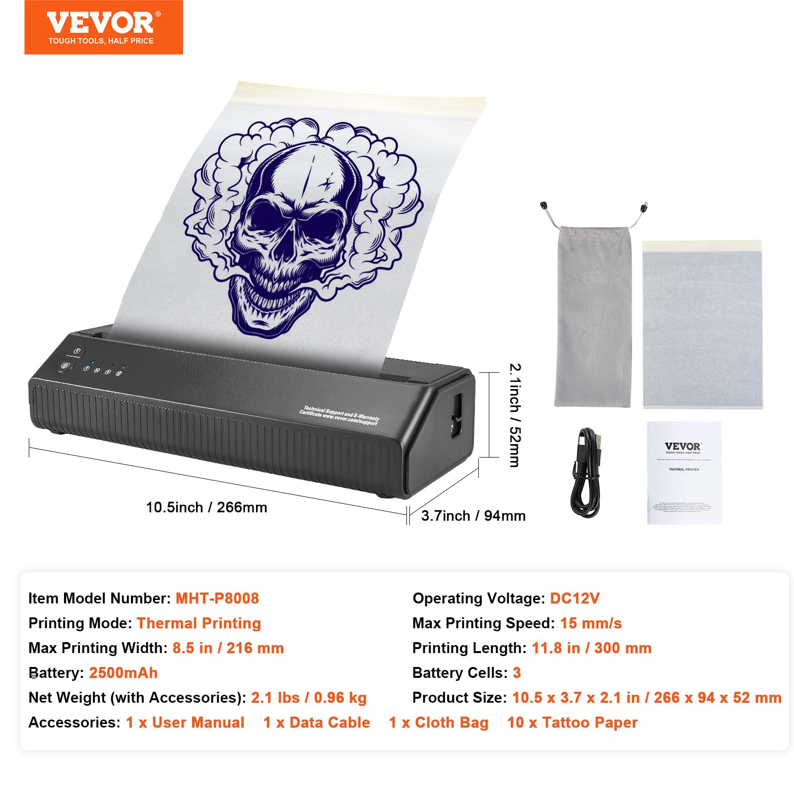 VEVOR Wireless Bluetooth Tattoo Stencil Printer Machine with 10 Transfer Papers - Compatible with iOS, Android, iPad & PC - Portable Tattoo Transfer Kit with Storage Bag - Perfect for Tattoo Artists, Studios & DIY Tattoo Enthusiasts