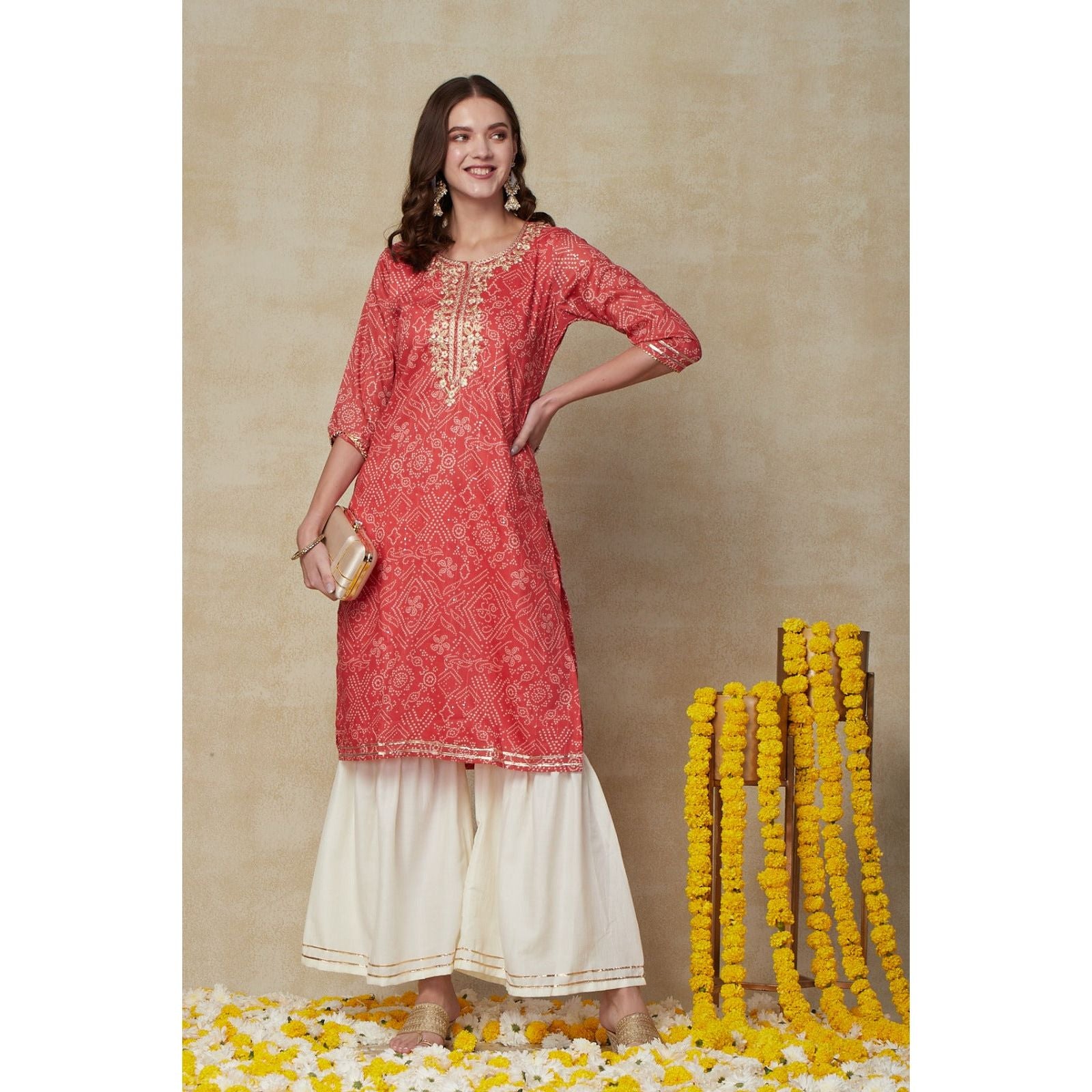 Elegant Pink Bandhini Kurta with Gotta Patti Embroidery - Traditional Indian Ethnic Wear for Women | Perfect for Festivals, Weddings & Cultural Events