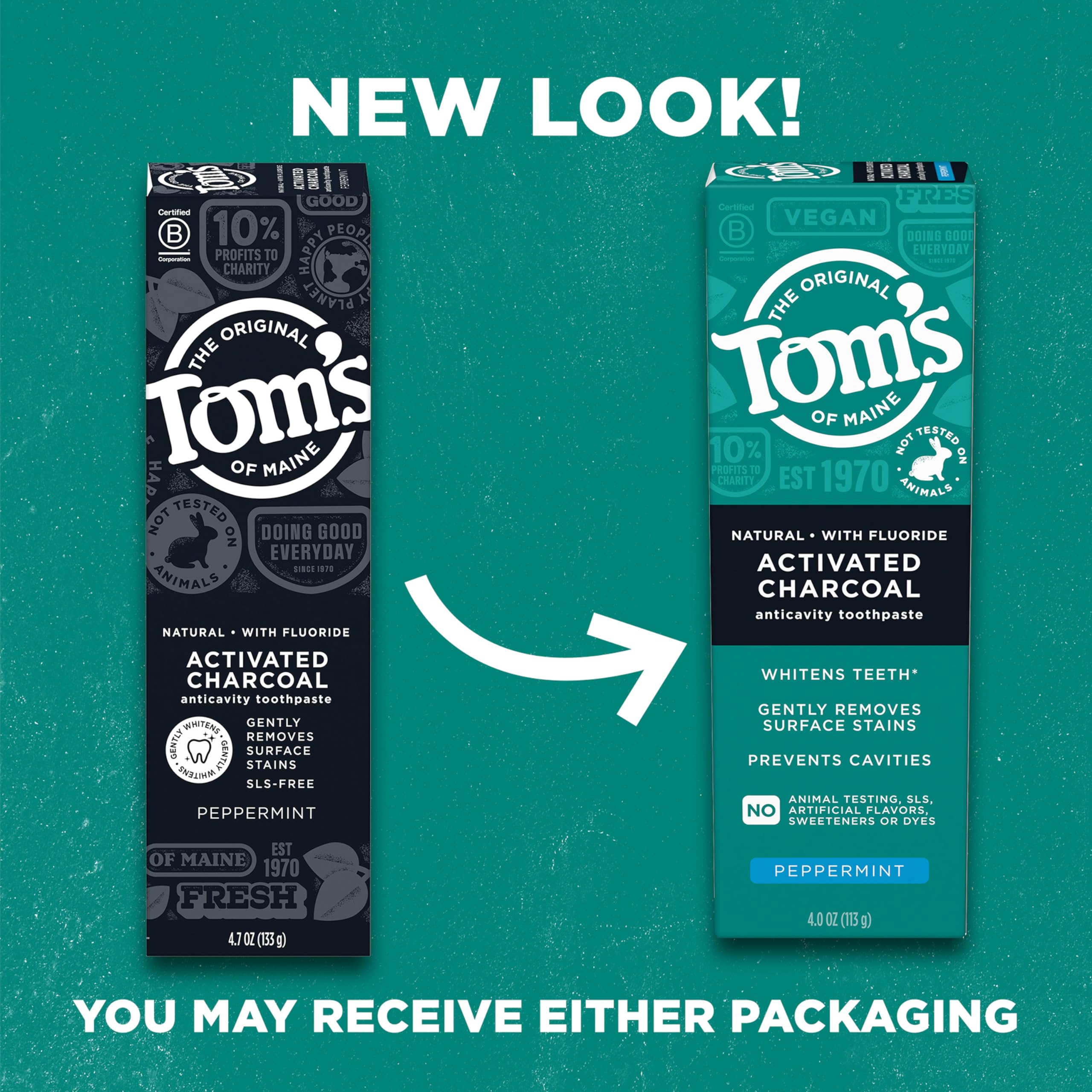Tom's of Maine Activated Charcoal Whitening Toothpaste with Fluoride, Natural Peppermint Flavor, 4.7 oz (3-Pack) - Deep Stain Removal & Fresh Breath for Daily Oral Care (Packaging May Vary)