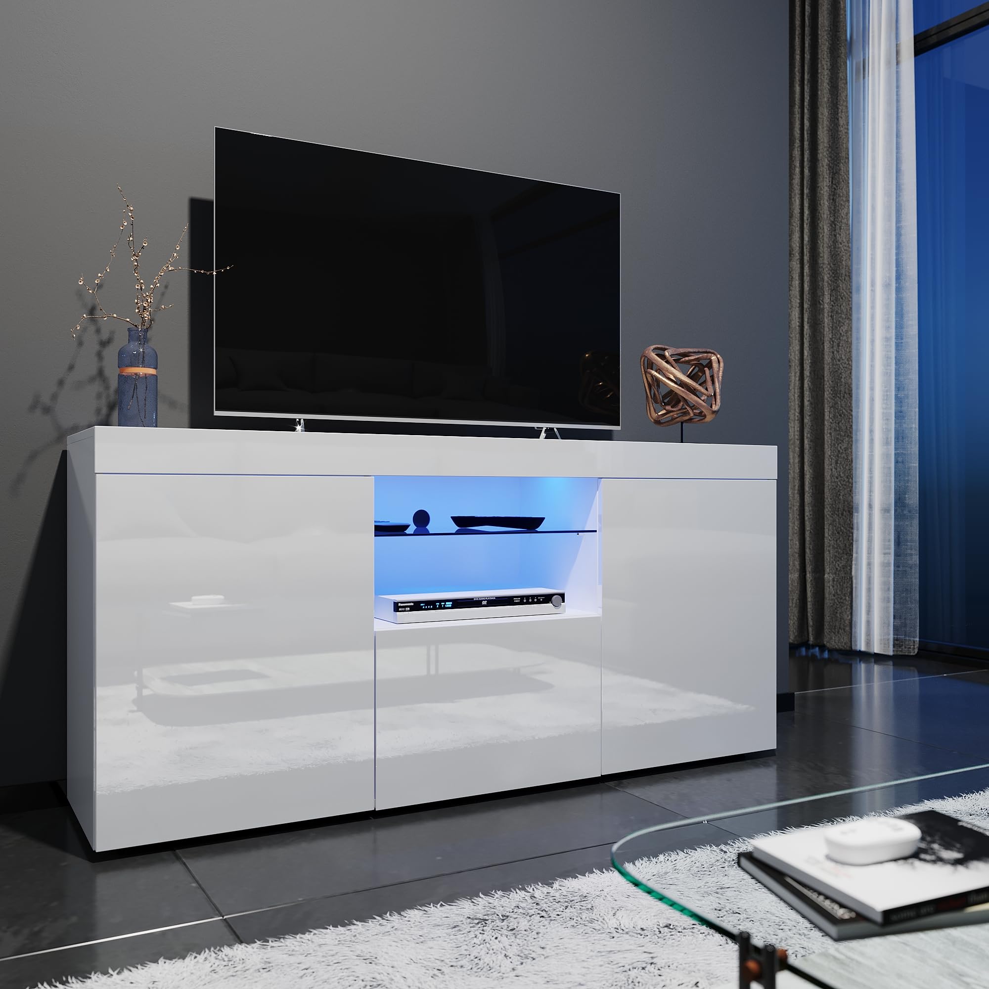 Modern White Gloss 1350mm LED TV Stand with Ambient Lighting - Storage Cabinet for 32-55 Inch 4K TVs | Perfect for Living Room & Bedroom Entertainment Setup